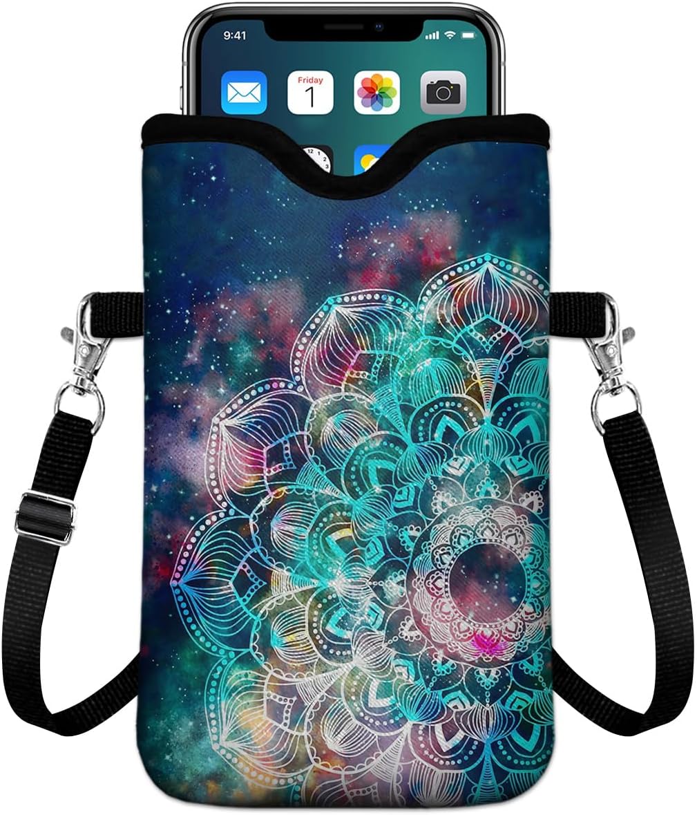 GEGEPINK Universal Phone Sleeve Pouch with Crossbody Strap 7.6 X 4.3 Inches Shockproof Water Resistant Mobile Protection Bag-Mandala Nebula Neoprene Phone Pouch Bag