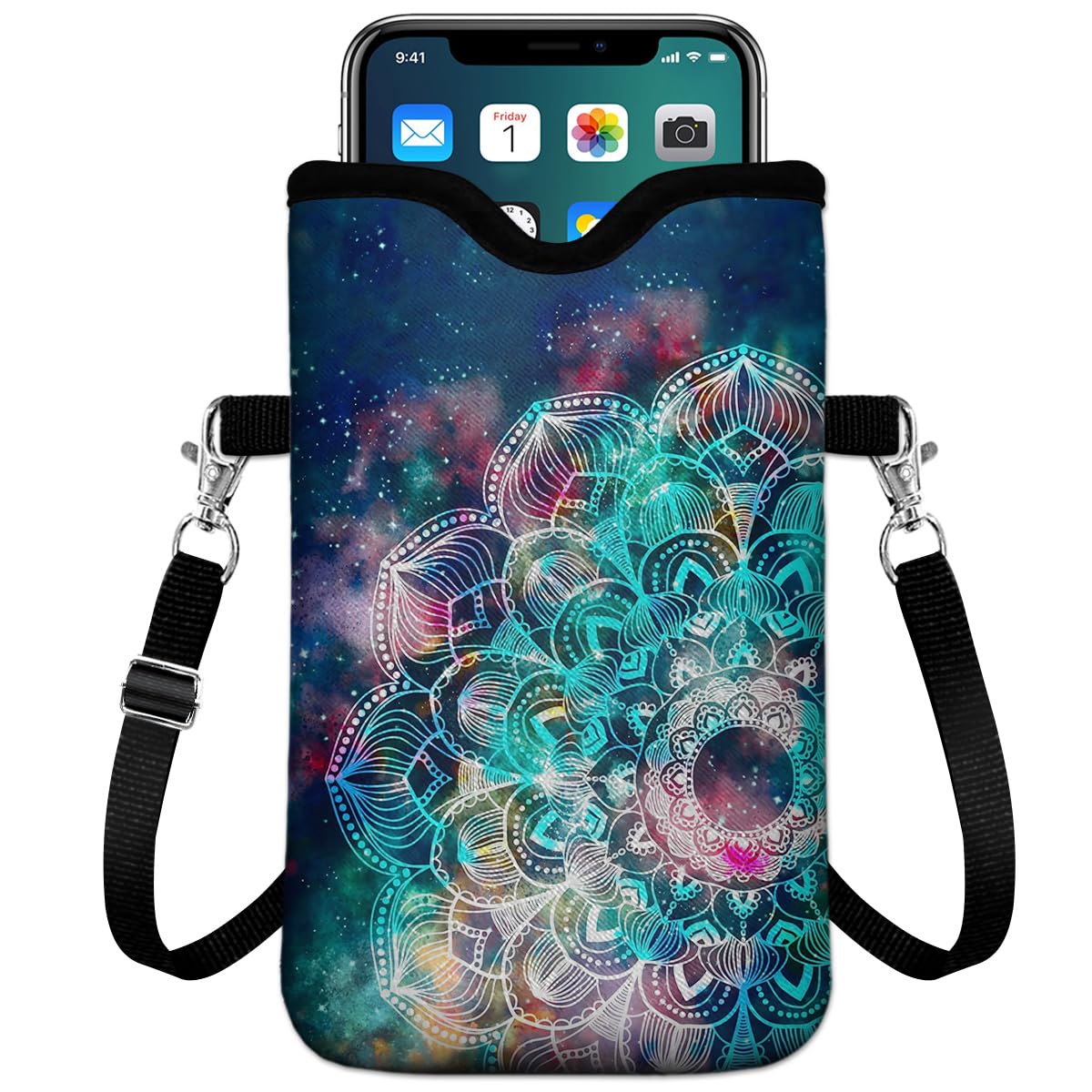 Custodia universale per telefono con 2 tasche interne, antiurto e resistente all'acqua, in neoprene con tracolla da 19,6 x 10,9 cm, custodia protettiva per cellulare, motivo mandala nebulosa