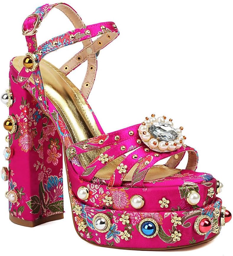 Feinlina Rhinestone Platform Chunky Heels for Women Open Toe Ankle Strap Dress Pumps with Gems Green Pink Floral Print Embroidery Wedding Party Sandals