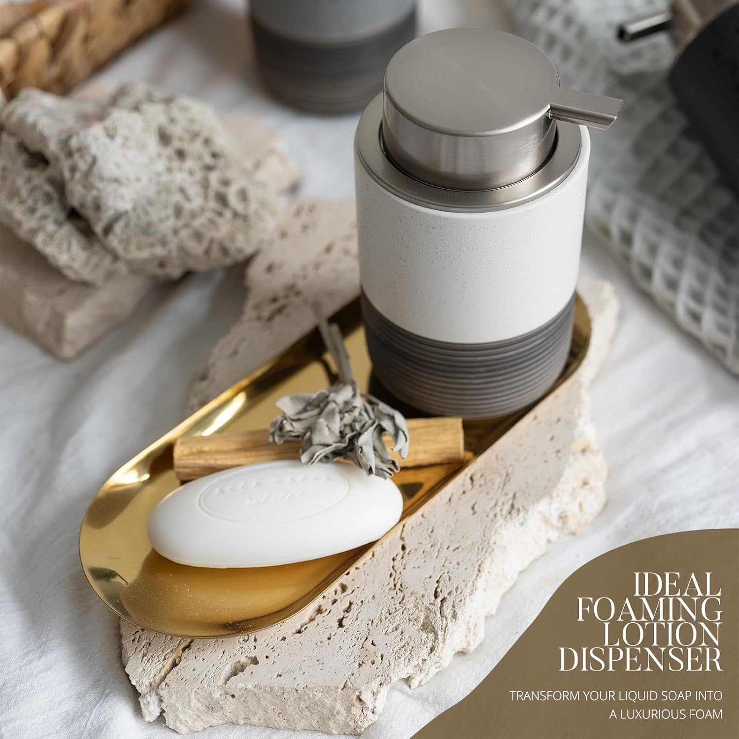 EMPO Ceramic Embossed Press Foam Hand Soap Dispenser - 300ml Large Capacity Facial Cleansing Bottle and Liquid Soap Dispenser for Kitchen Bathroom with Mousse Lotion Pump (White)