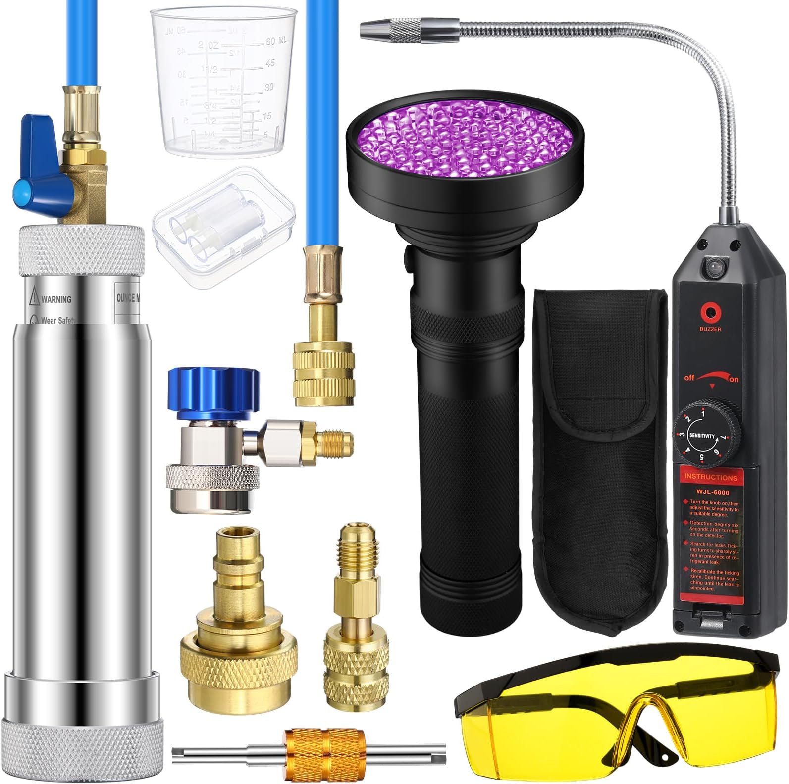 AC Leak Detector Kit, R1234yf R134a R410a AC Oil UV Dye Injector Kit Refrigerant Leak Detector Tool Low Side Quick Coupler Mini Split Adapter Glasses Flashlight(Efficient)