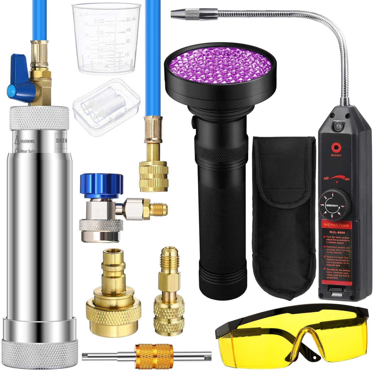 AC Leak Detector Kit, R1234yf R134a R410a AC Oil UV Dye Injector Kit Refrigerant Leak Detector Tool Low Side Quick Coupler Mini Split Adapter Glasses Flashlight(Efficient)