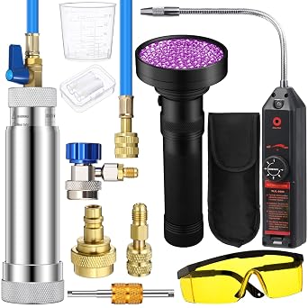 Tellegloww AC Leak Detector Kit, R1234yf R134a R410a AC Oil UV Dye Injector Kit Refrigerant Leak Detector Tool Low Side Quick Coupler Mini Split Adapter Glasses FlashlightEfficient