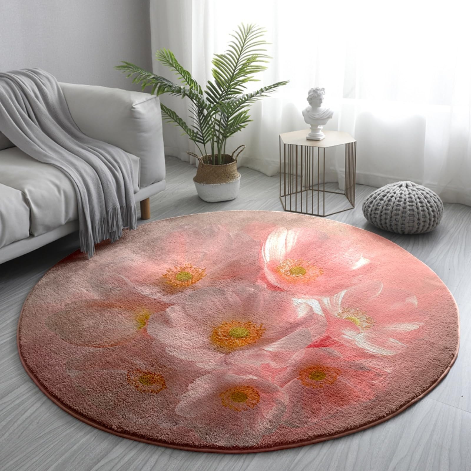 Tapis rond fleur rose tapis exterieur rond salon terrasse 100cm doux