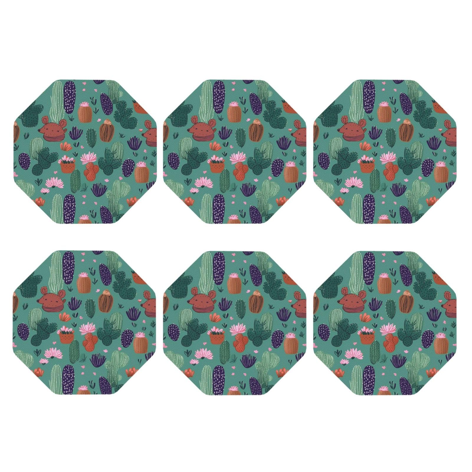 6pcs Leather Coasters for Drinks, Cactus Pattern Drink Coasters for Tabletop Protection, 4" Cup Coasters for Coffee Table Decor, Non-Slip Drinking Cup Mat for Hot Or Cold Drink