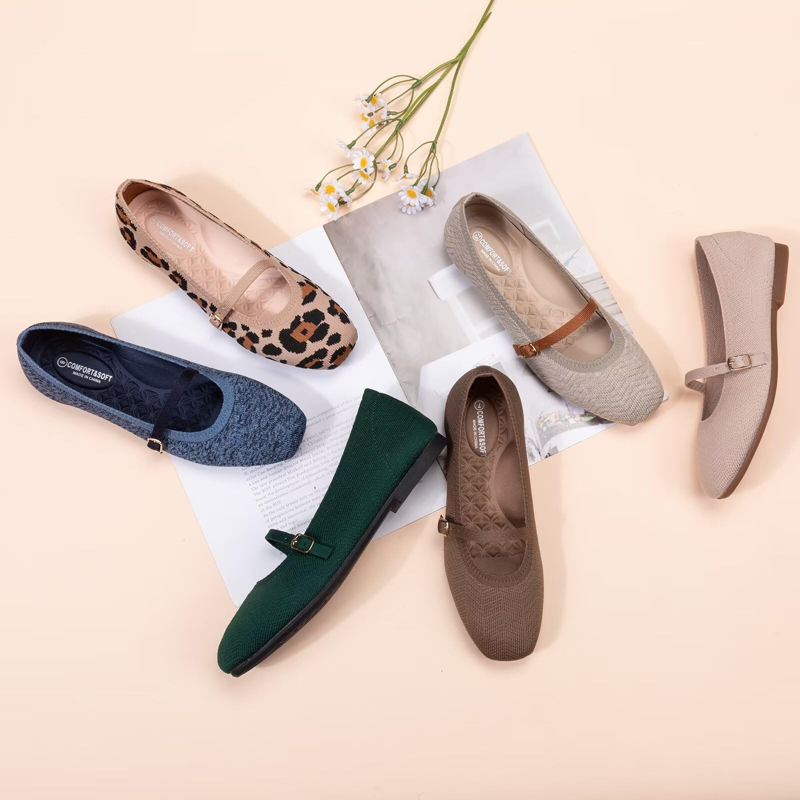 Frank Mully Mary Jane flache Damen-Schuhe, Slipper, quadratischer Zehenbereich, waschbar, bequem für elegante und Arbeit, mit Knöchelriemen