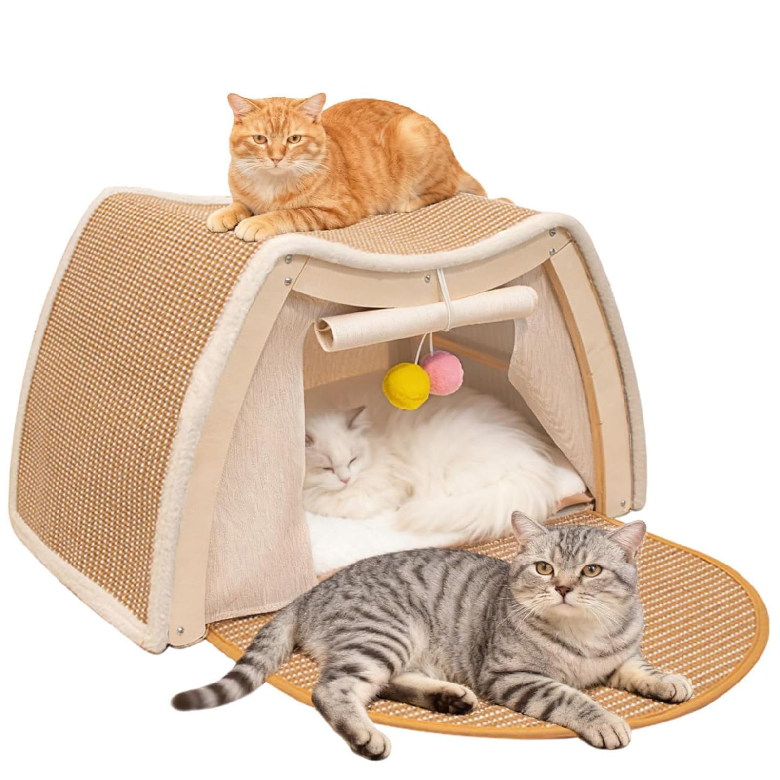 Cat House, Cat Cave, Cat Tent, Scratching Board, Sisal, 3-in-1 Wooden Cat Tent, Indoor & Scratching Post, Small & Cat Bed, 2 Tiers with Play Ball, Cat Toy for Cats and Small Dogs (Beige, 50 x 40 x 35)