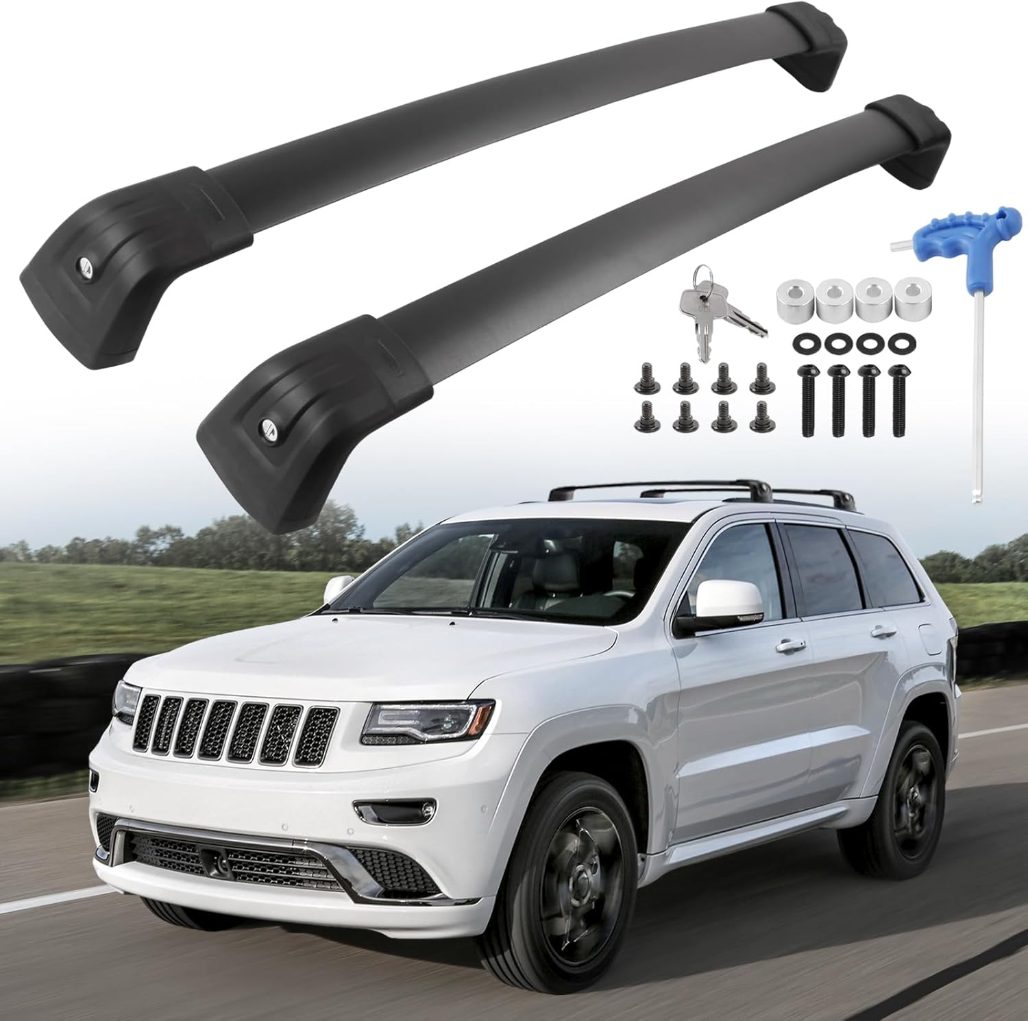 Roof Rack Cross Bars Compatible with Grand Cherokee Altitude & SRT & Trackhawk with Roof Black Moldings 2011-2021, Black Matte Aluminum Anti-Corrosion Crossbars with Anti-Theft Lock 2011-2021 Jeep Grand Cherokee