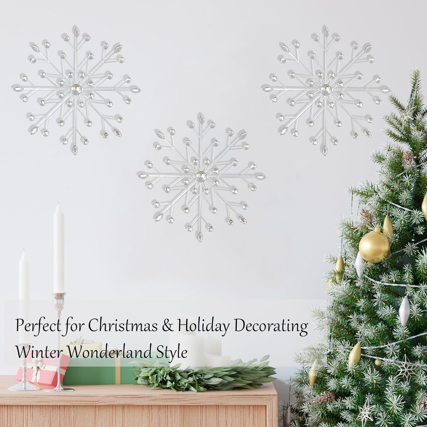 SIYIKRYP Set of 3 Snowflake Metal Wall Art Decor – 11.8" Starburst Wall Sculpture with Silver Crystal Accents, Modern Hanging Decoration for Living Room, Bedroom & Holiday