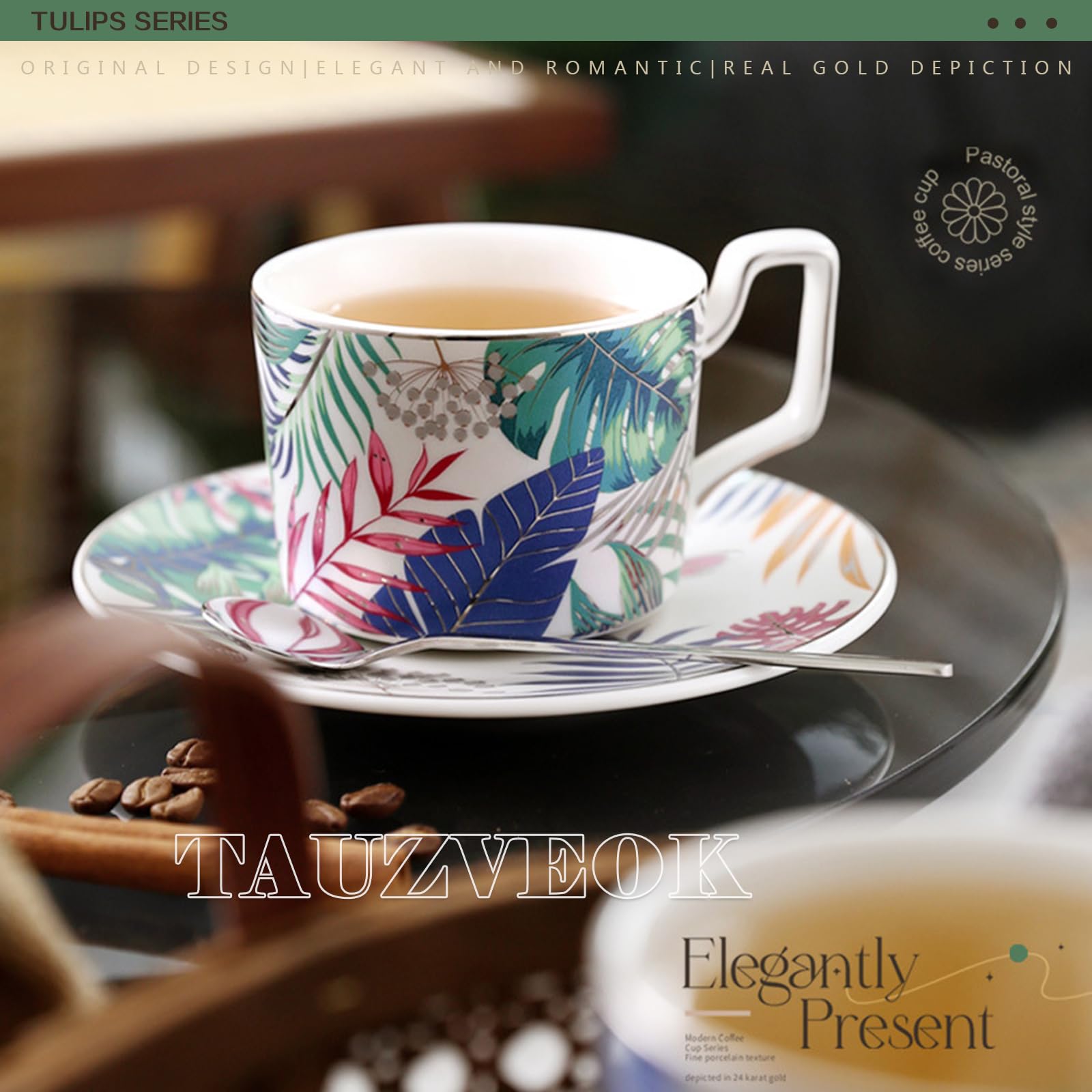 Zestaw filiżanek do kawy espresso ze spodkiem i łyżką, 200 ml kwiatowe kubki ceramiczne, kolorowe porcelanowe filiżanki do herbaty i cappuccino, idealne do użytku domowego lub kawiarni