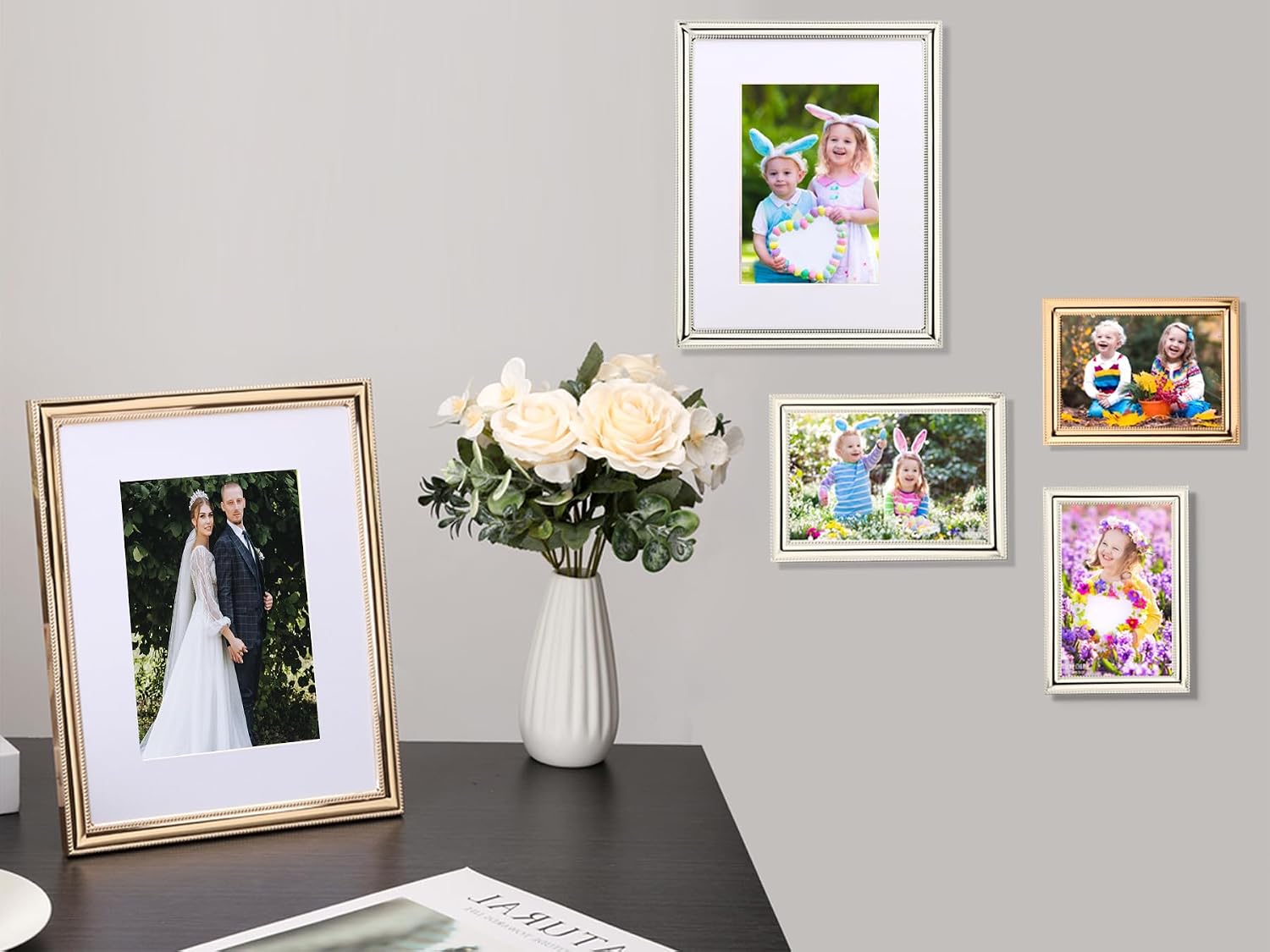 Elegant Silver Plated 5x7'' Double Picture Frame with Classic Metal Beaded Design,Featuring Real Glass Front and Soft Velvet Backing,a Wonderful Wedding Gift Choice for Tabletop or Shelf Display