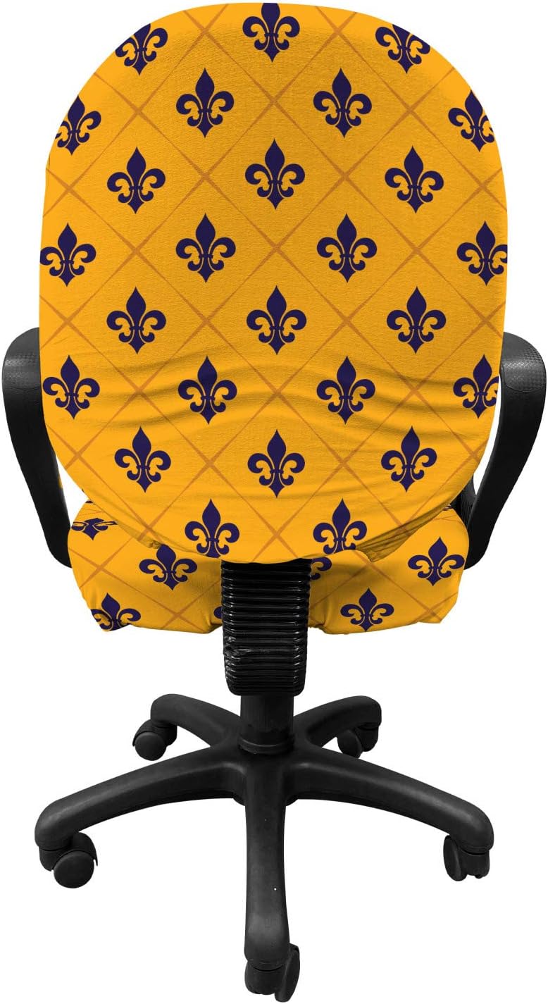 Ambesonne Fleur De Lis Office Chair Slipcover, Checkered Pattern Historical Lily Motifs Retro Emblem Floral Design, Protective Stretch Decorative Fabric Cover, Standard Size, Marigold Purple