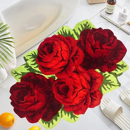 UKELER Alfombras de baño con rosas florales, alfombras peludas de flores rojas para dormitorio de niñas, antideslizante, absorbente, alfombra de