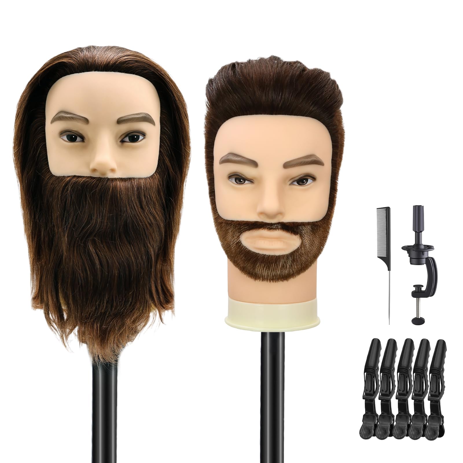 TwoWin 12 pollici (30,5 cm) Testa Manichino da Parrucchiere in Capelli Umani con Barba, Marrone