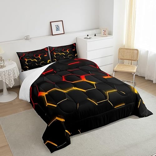 Miniatura 6 de Manfei Juego de edredón de panal de abeja, tamaño matrimonial, juego de ropa de cama hexagonal geométrico, 3 piezas para niños, adolescentes,