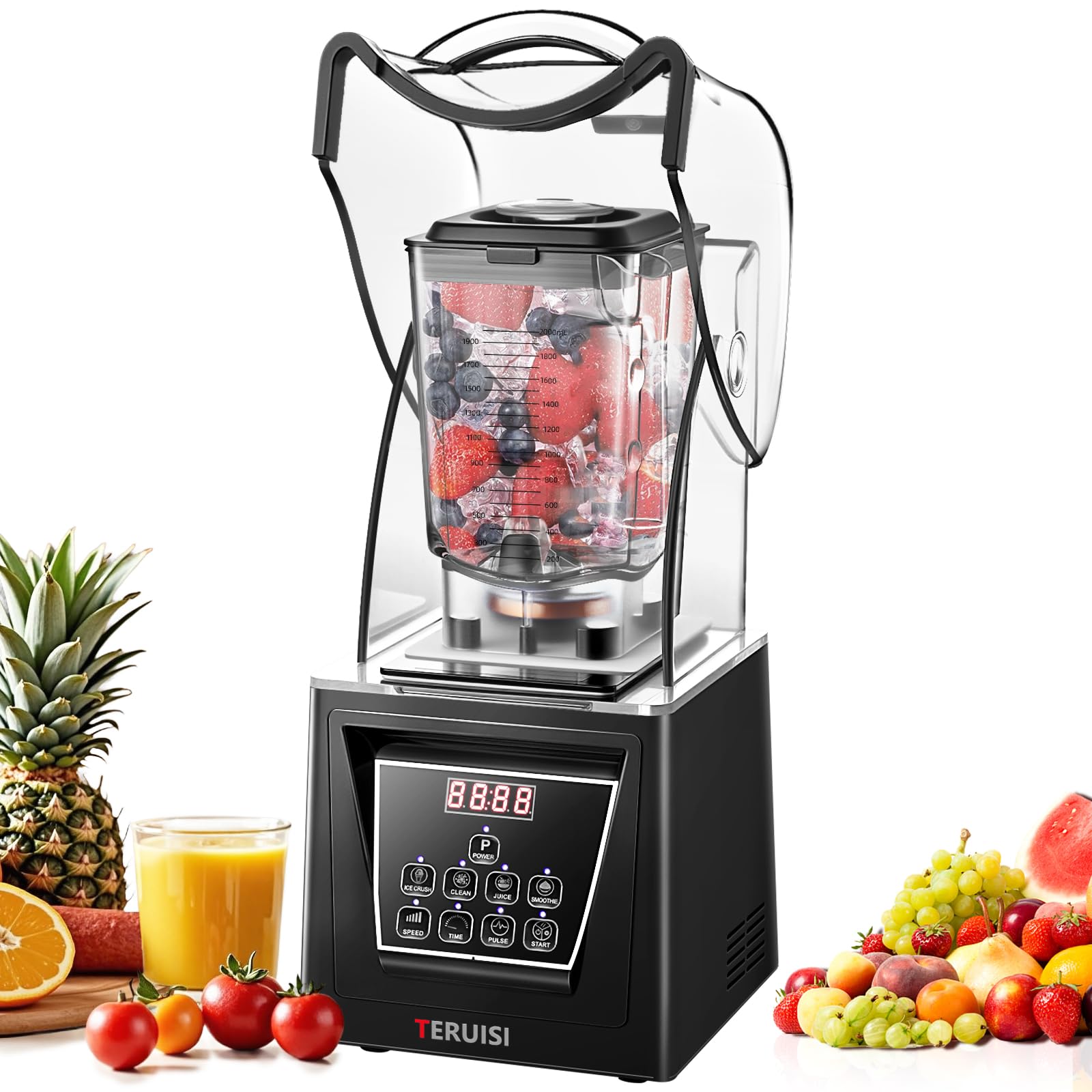 Blender Professionnel 2200 W, Mixeur Blender Silencieux avec Caisson Insonorisé, Bol 2 L, 9 Vitesses, Fonction Timer, Nettoyage Automatique, 5 Programmes pour Smoothies, Glace Pilée et Soupes