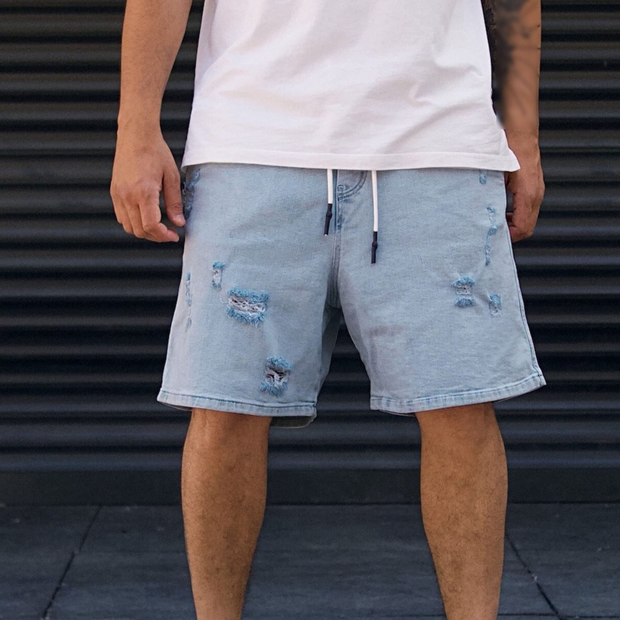 Men's Casual Denim Half Jeans Classic Fit Distressed Ripped Short Jeans Loose Vintage Shorts for Men (Wathet,XX-Large)