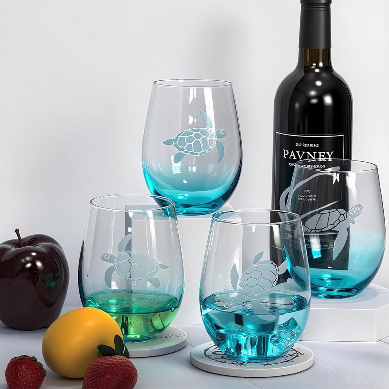 Turtle Stemless Wine Glasses Set of 4 - Mother's Day Gifts Beach Sea Turtle Assortment Red Wine Glasses, Clear No Stem Drinkware 19 oz Ocean Lovers Gifts Box for Beach House Sea Coastal Birthday Party - Image 3