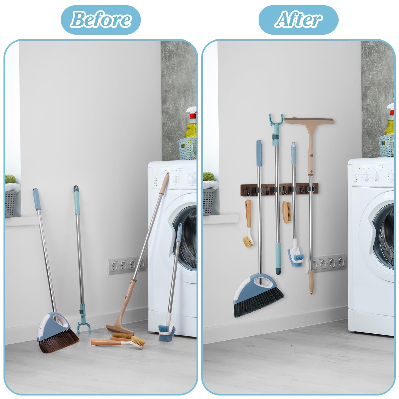 Soporte de pared para escobas, organizador de fregona y escoba de madera resistente con 4 ranuras y 4 ganchos, colgador de herramientas de jardín para lavandería, armario, cocina, garaje