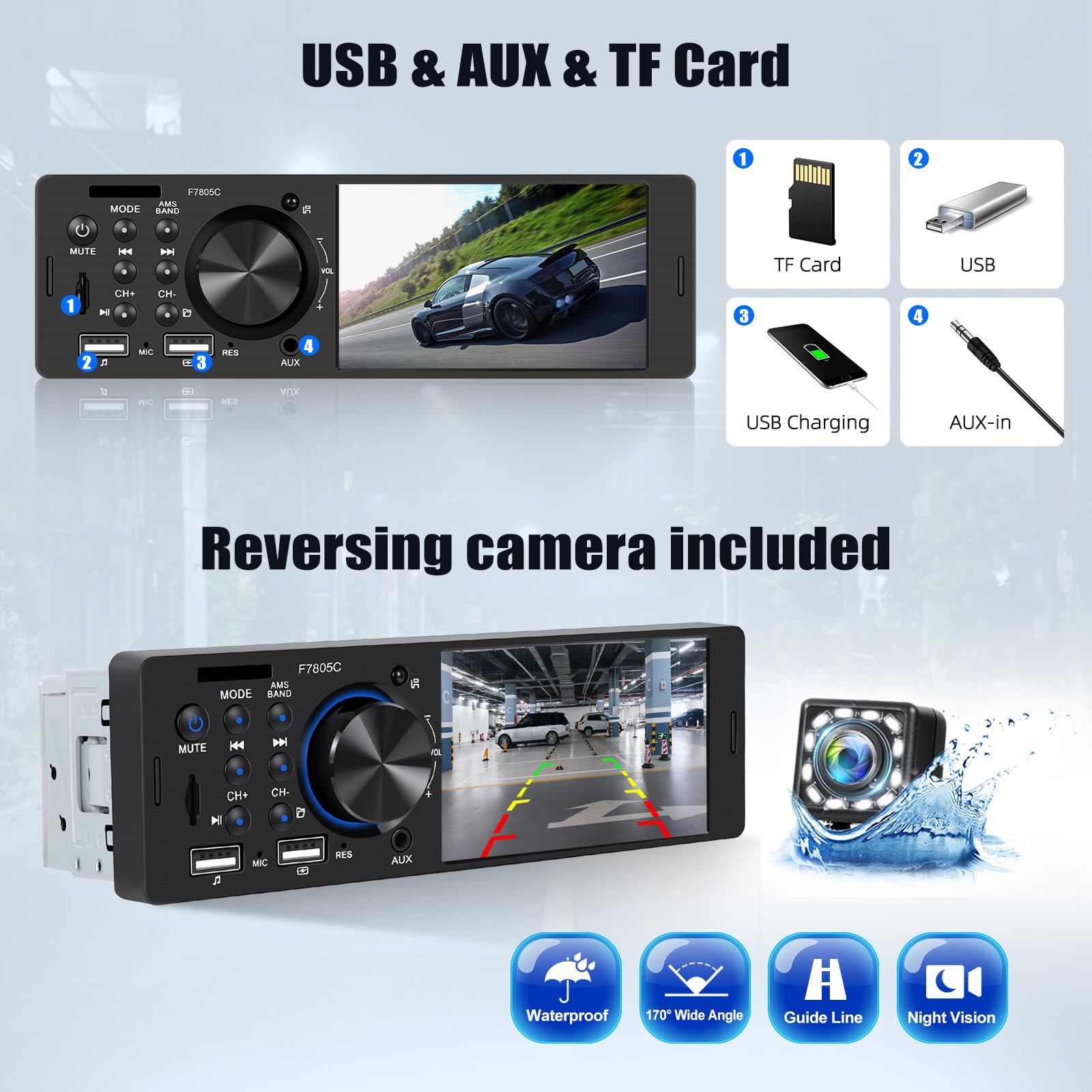 CAMECHO RDS Autoradio Bluetooth 1 Din Stereo, 4 inch capacitief touchscreen FM/AM-radio-ontvanger Dual Port USB/AUX-in/SD-kaart achteruitrijcamera/externe microfoon/stuurbediening