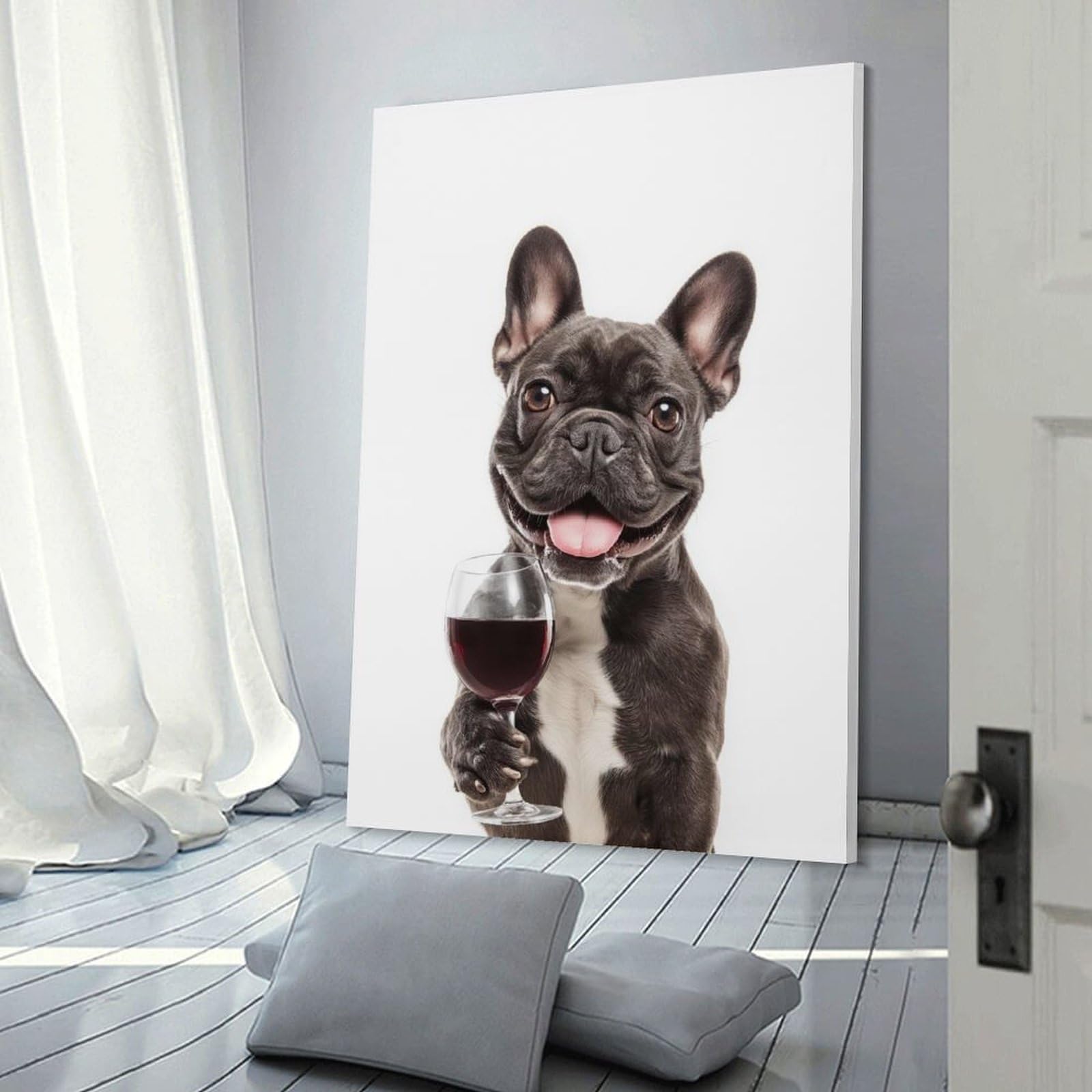 Junmoney Frame-French Bulldog With Wine Glass French Bulldog With Wine Glass Wall Art Print 08X12inch(20X30cm), For Gallery Wall Layouts In Home Or Office, An Easy Match For Collected Prints