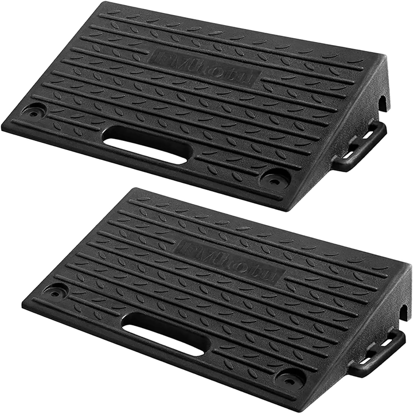 FMhotu Rubber Threshold Ramp for Driveways, 2 Pack 4'' Rise Non Slip Curb Ramp Rated 11000 Lbs Load Capacity, Wheelchair Ramp with 1 Channel Cord Cover, Rubber Ramp for Car, Scooter