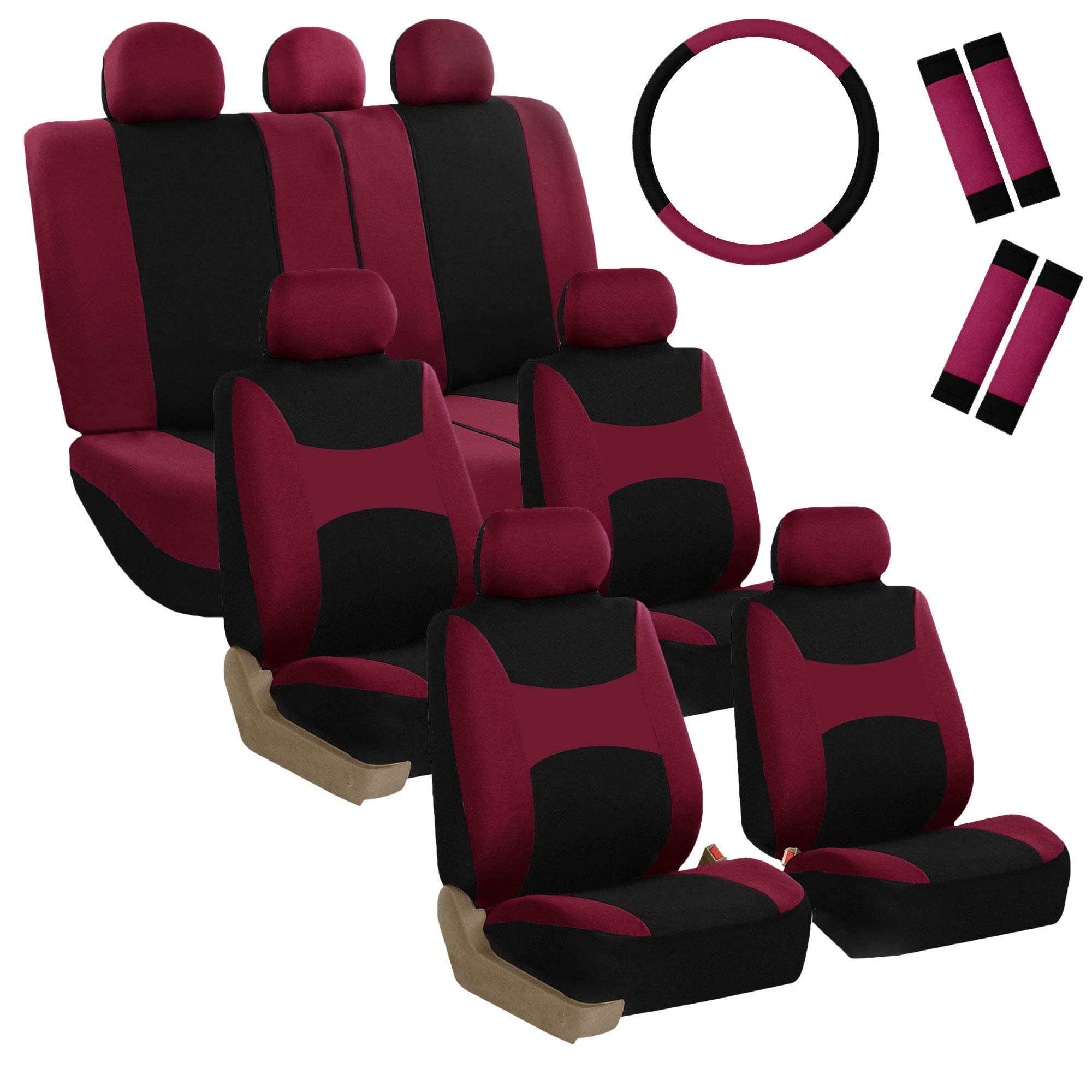 FH Group Automotive Seat Covers Light & Breezy Flat Cloth Three Row Set Burgundy Combo Steering Wheel Cover & Seat Belt Pads , Airbag and Split Rear Universal Fit Interior Accessories Cars Trucks SUV