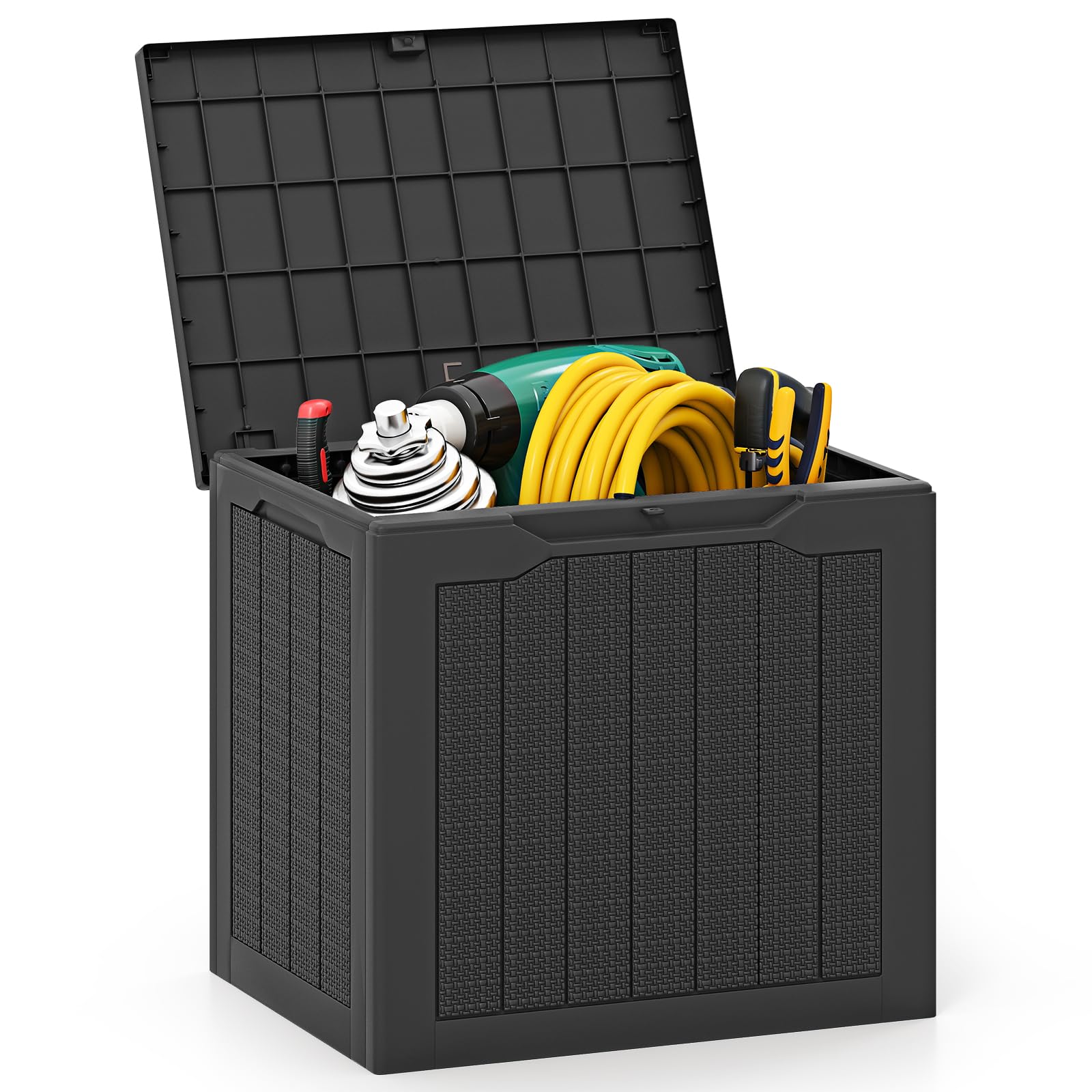 COSTWAY Gartenbox 106L, Auflagenbox mit abschließbarem Deckel & Rattanoptik, Wetterfeste Aufbewahrungsbox, Kissenbox für Poolzubehör, Gartengeräte, Pakete, Gartenmöbel, 56 x 41 x 50,5 cm (Schwarz)