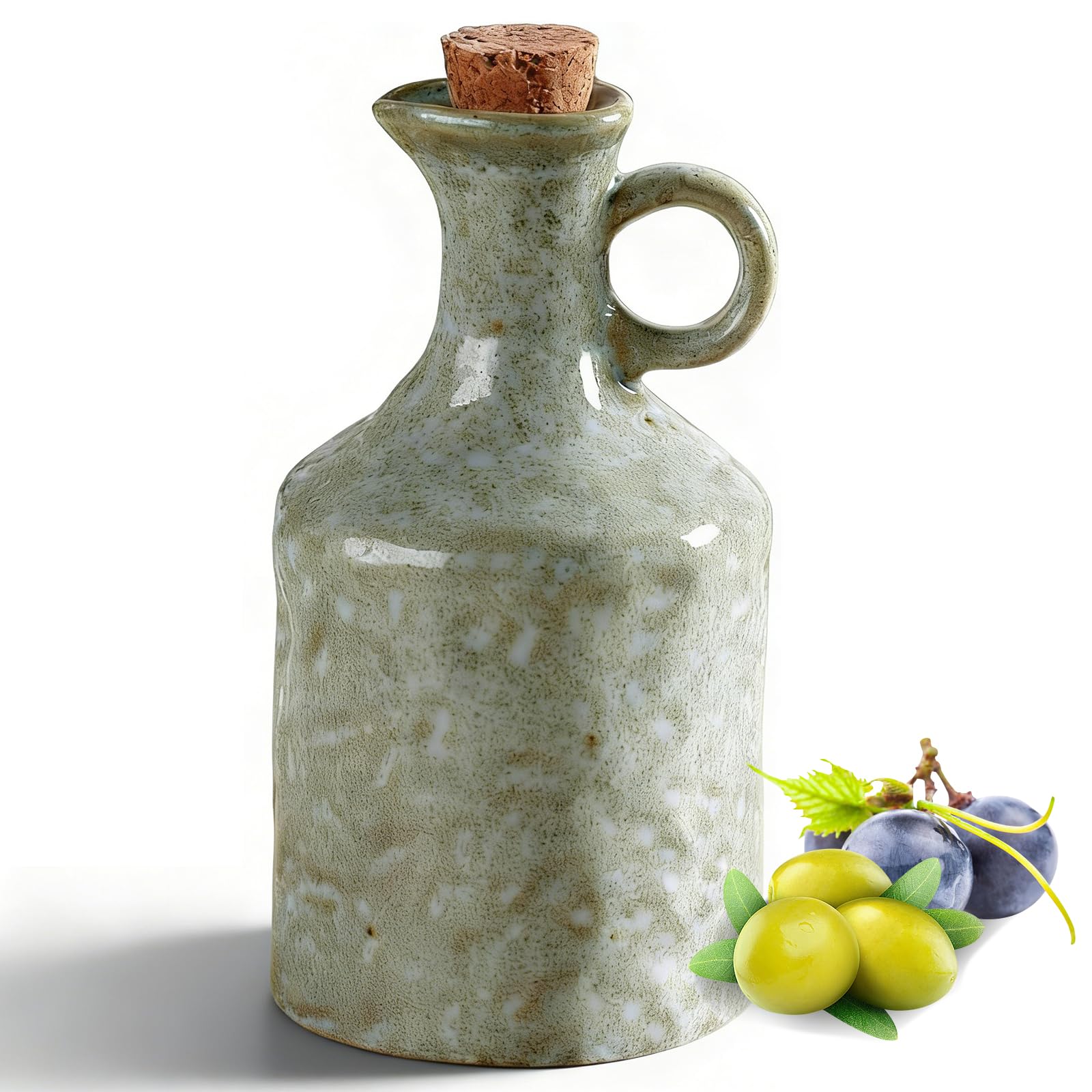 Keramik Ölausgießer mit Korken 400 ml, Olivenöl Flasche mit Auslaufsicherer Tülle, Essigspender, Sojasoße, Zitronensaft für Küche, Reaktivglasur Handarbeit (Grün)