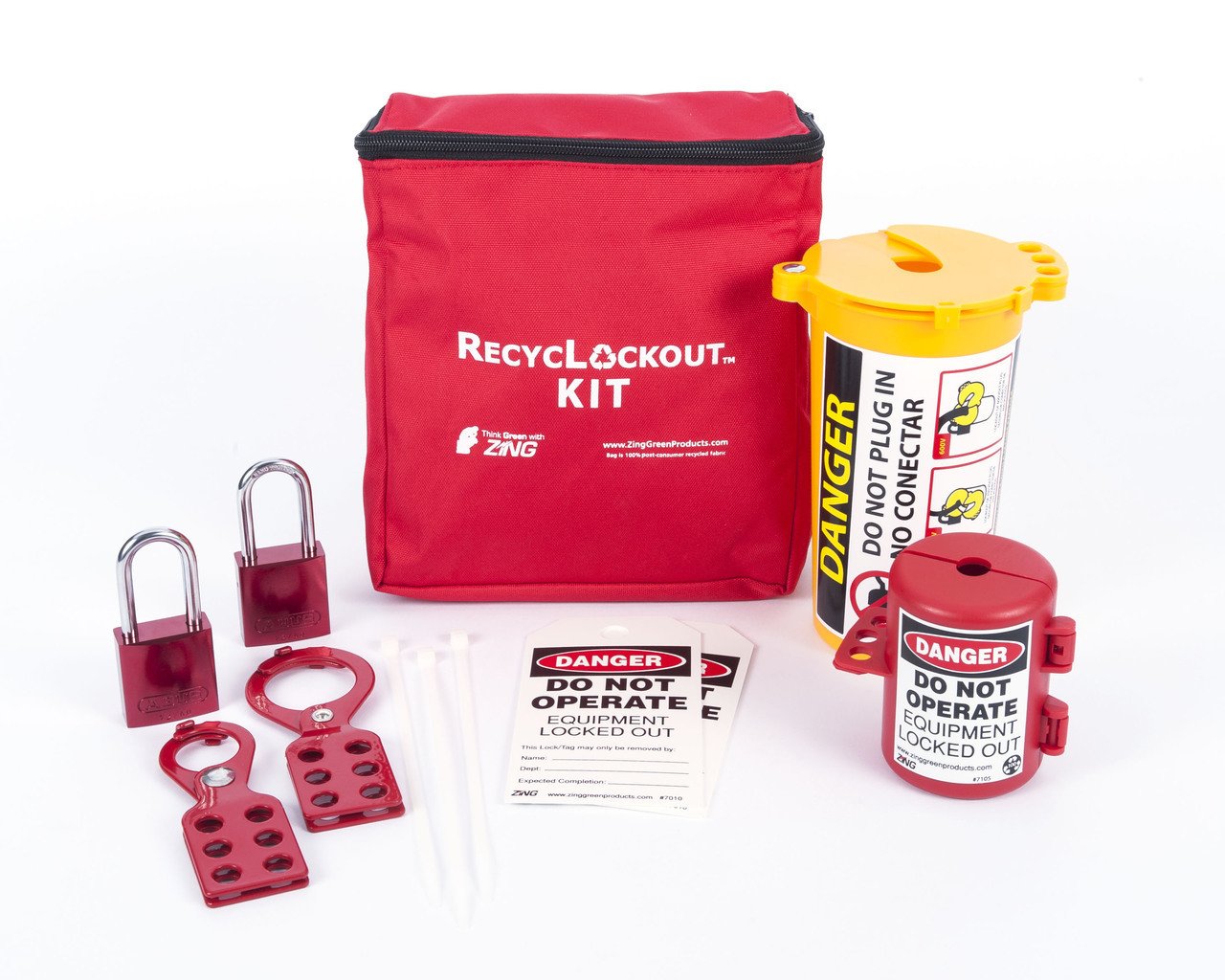 ZING2733 RecycLockout Lockout Tagout Kit with Aluminum Padlocks, 11 Component, Plug Lockout