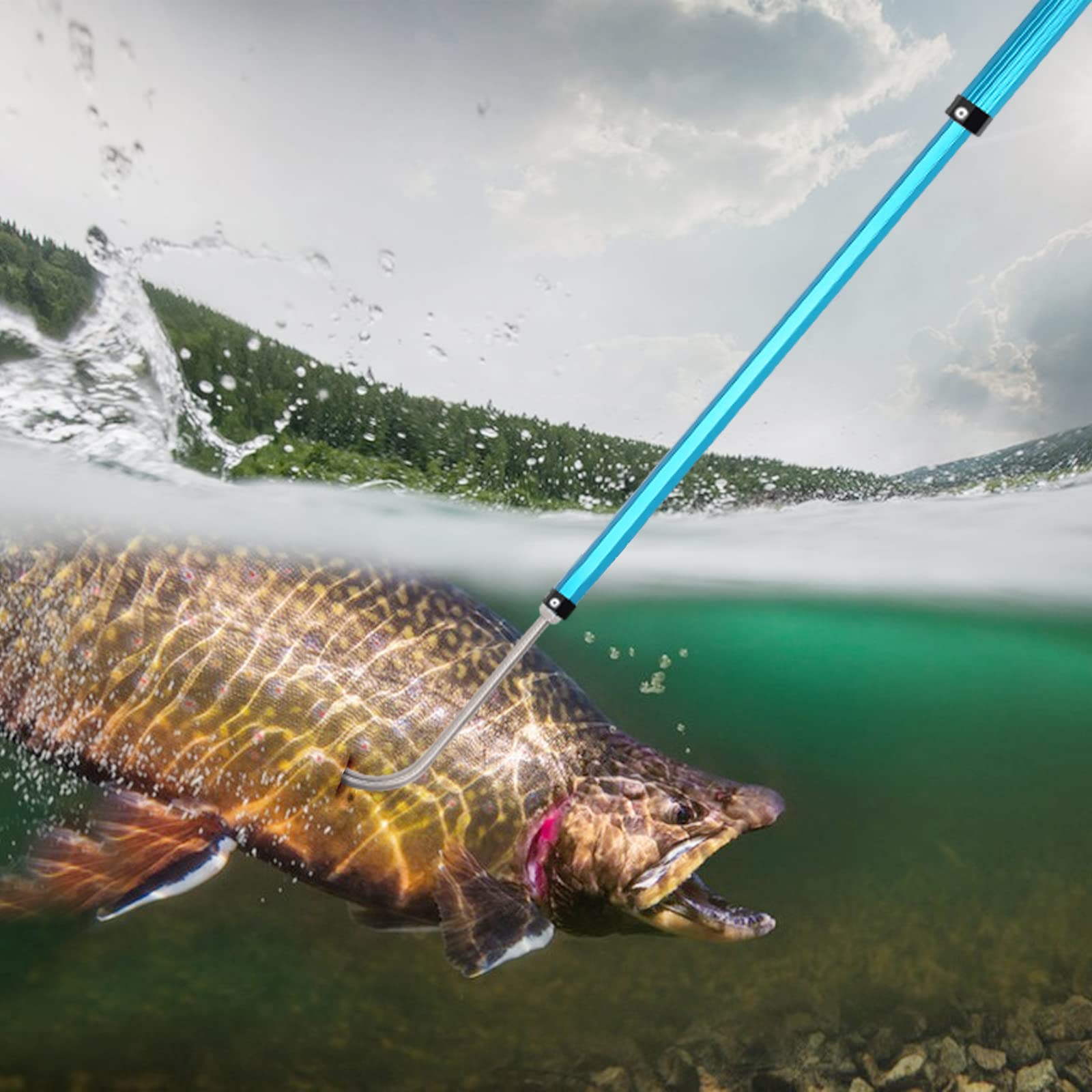 KOMCLUB Raffio Pesca Telescopico in Lega di Alluminio Accessori per la Pesca con Gancio da Pesca e Manico in Gomma, Adatto per la Pesca in Acqua Dolce e Salat
