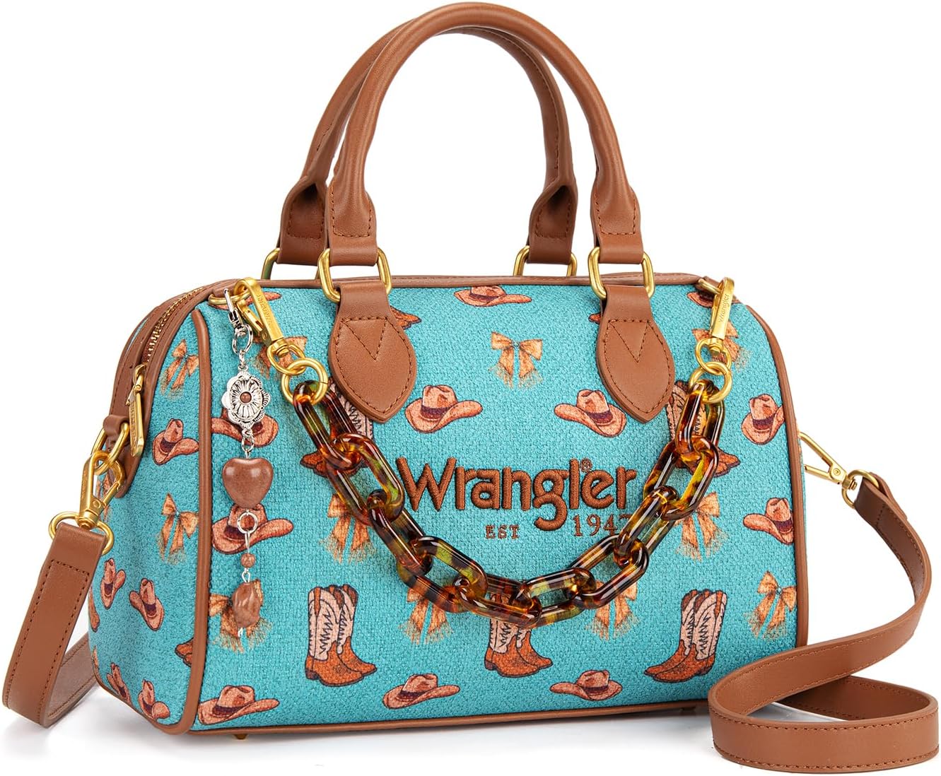 Wrangler Rodeo Icons Top Handle Handbag Western Satchel Barrel Bag with Chain Strap