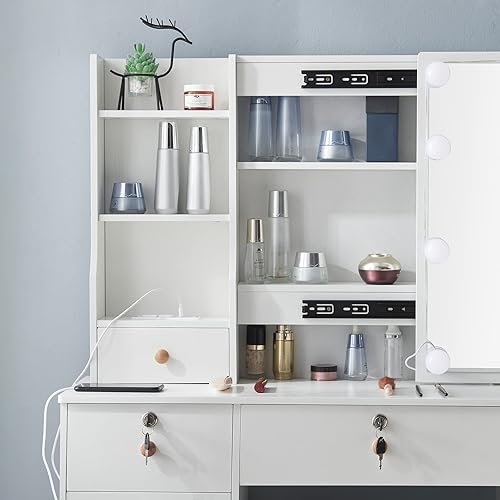 Miniatura 9 de Escritorio de tocador con espejo iluminado LED, mesa de maquillaje con cajones y gabinete, taburete de almacenamiento, para dormitorio, blanco