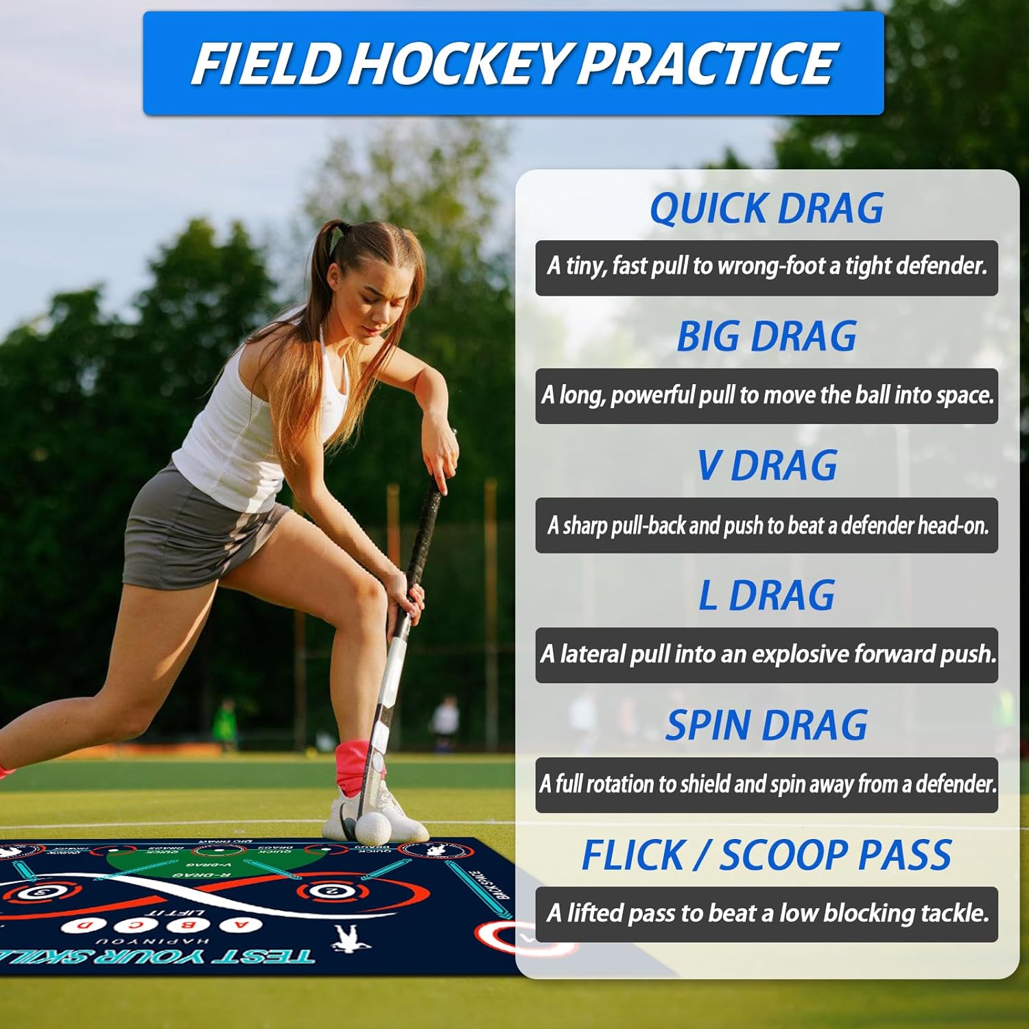 Field Hockey Training Mat - 63" x 39" Indoor Outdoor Practice Mat with Non-Slip Backing - Field Hockey Practice Equipment for Drills & Ball Control - Cool Field Hockey Gifts