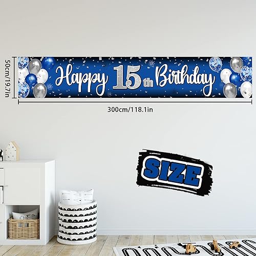 Miniatura 2 de Nelbiirth Decoraciones de feliz cumpleaños número 15, globo azul y plateado, cartel colgante de cumpleaños grande de 15 años, suministros para