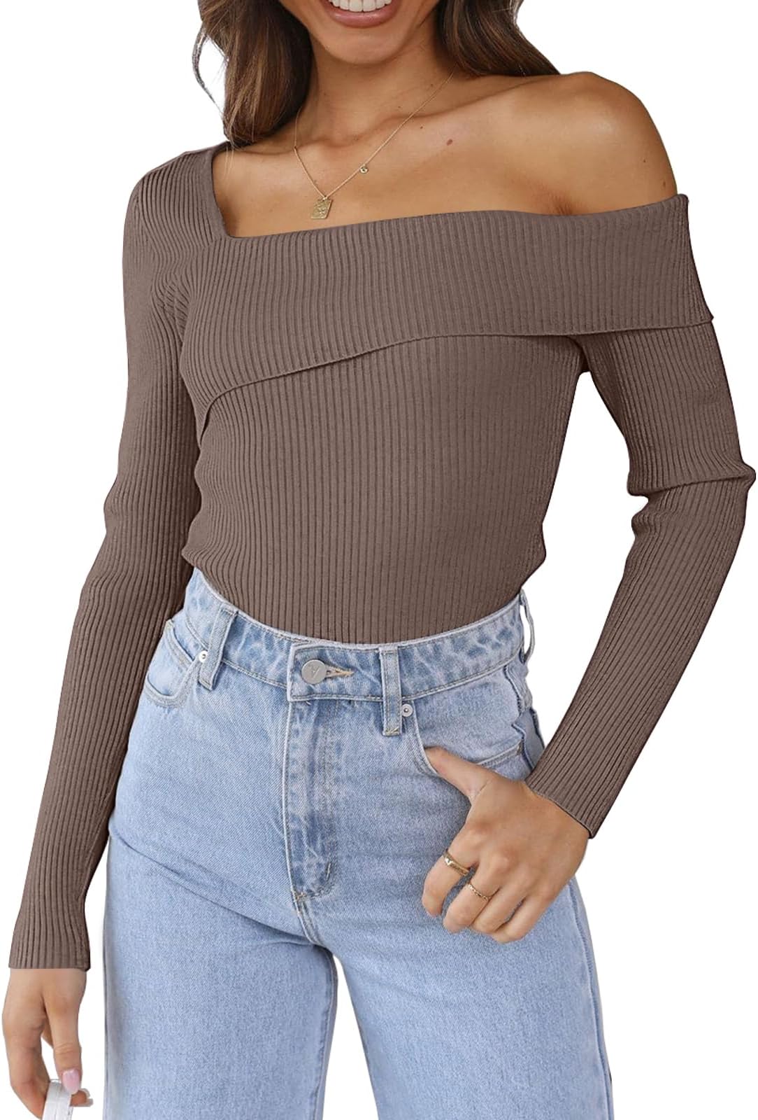 Womens Off The Shoulder Sweaters Going Out Fall Sexy Knit Pullover Lightweight Asymmetrical Tops Clothes 2026