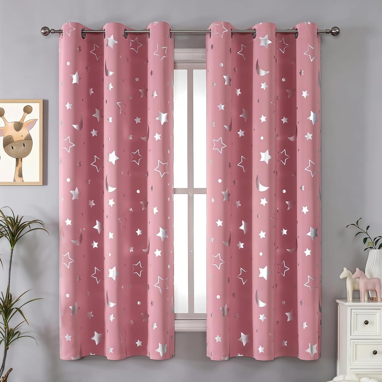 2 Panels Blackout Curtains for Girls Bedroom, Star Moon Blackout Curtains for Kids Nursery Room, Pink Starry Sky Themed Window Decor, Room Insulation and Privacy Protection (Pink, W52×L84)