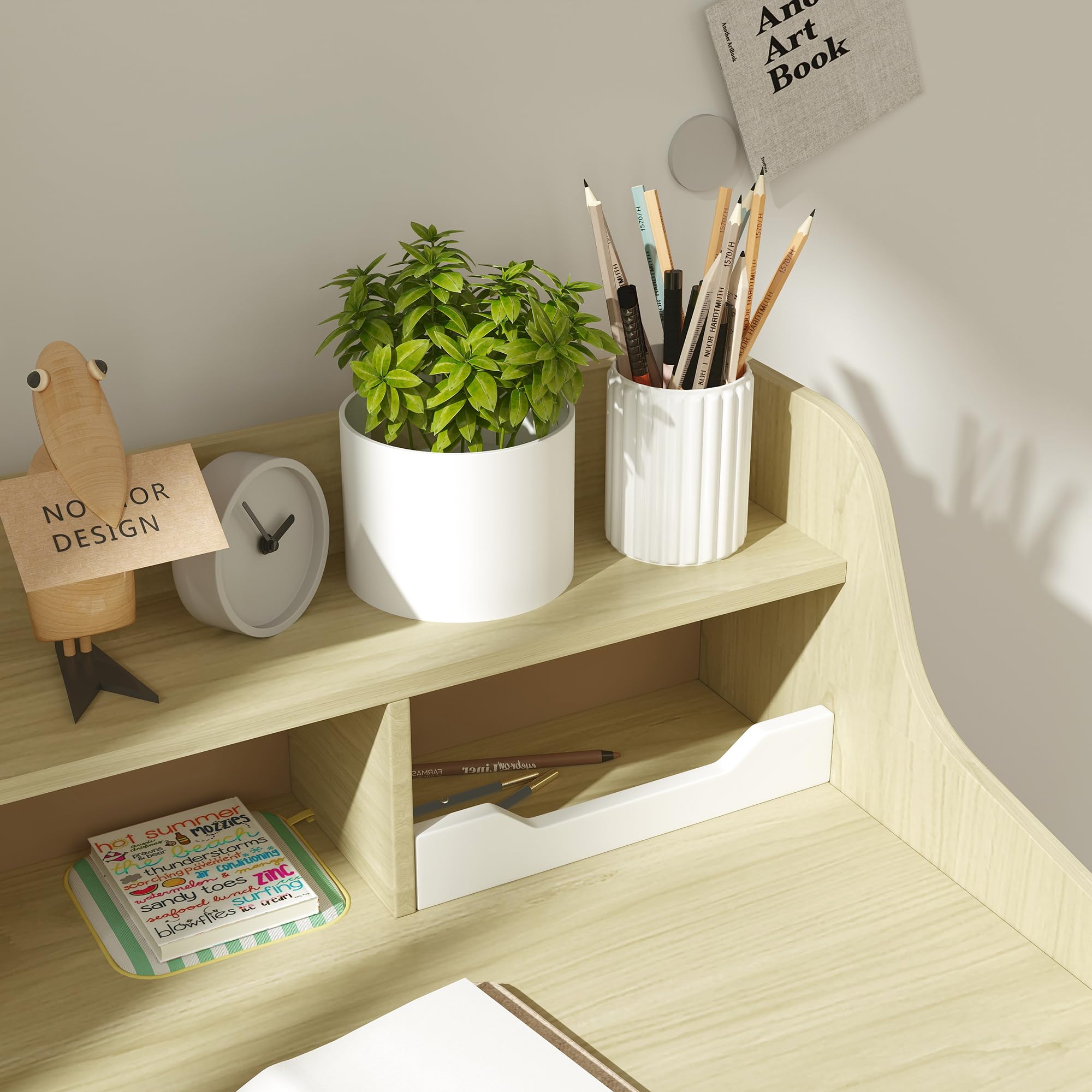 AIYAPLAY Set Scrivania per Bambini di 3-10 Anni e Sedia in MDF, Banco Scuola per Bambini con Ripiani Portaoggetti e Cassetto, Bianco e Legno