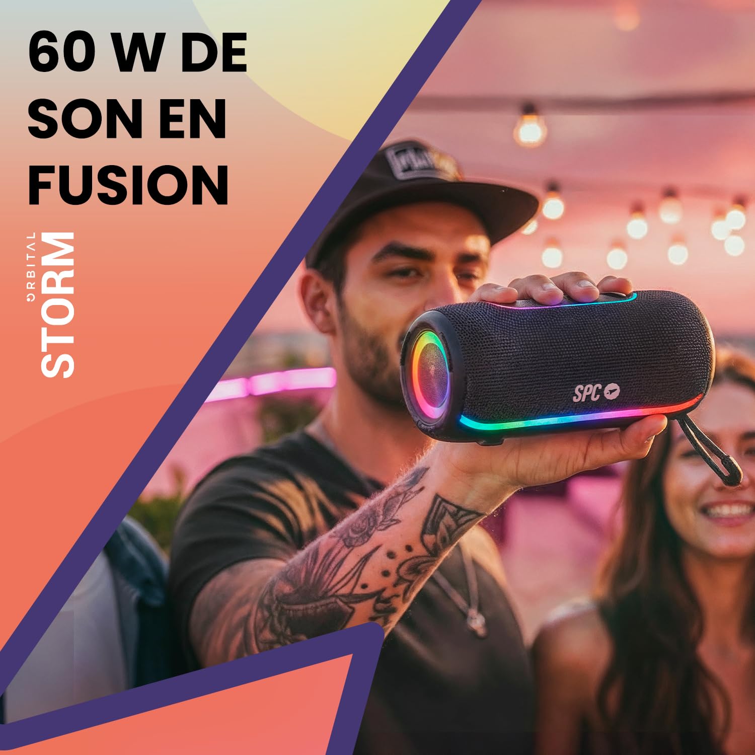 SPC Orbital Storm – Enceinte Bluetooth puissante 60W Portable avec lumière LED 360° | Jusqu’à 20h d’autonomie | Étanche IPX6 | True Wireless | USB, microSD, Jack 3,5mm | Enceinte avec Sangle