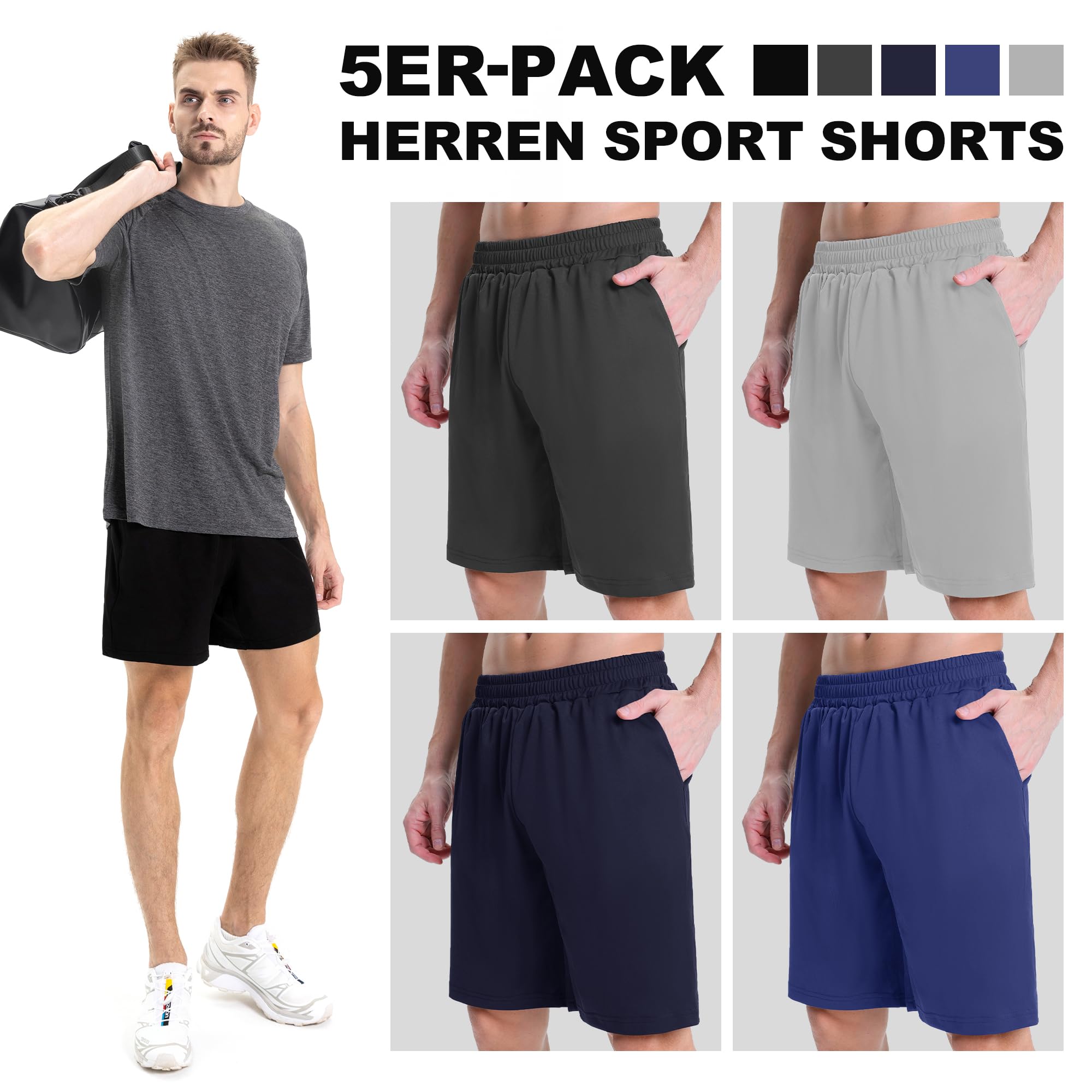 AKKQHH Confezione da 5 pantaloni sportivi da uomo, corti, con tasca, traspiranti, ad asciugatura rapida, sportivi, da uomo, per palestra, estate