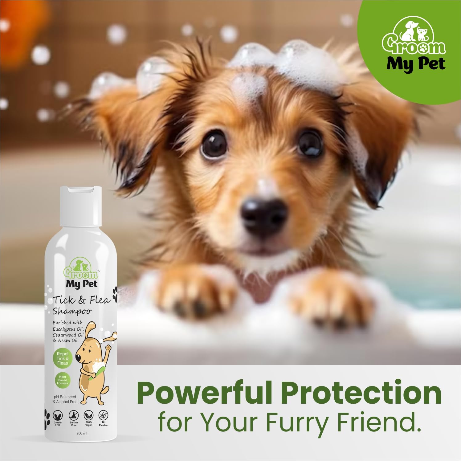 Groom My Pet Tick & Flea Shampoo-200ml | Repel Tick & Fleas | pH Balanced & Alcohol Free | Eucalyptus, Cedarwood & Neem | for All Breeds & Sizes of Dogs | Anti-bactrial & Anti-fungal 1