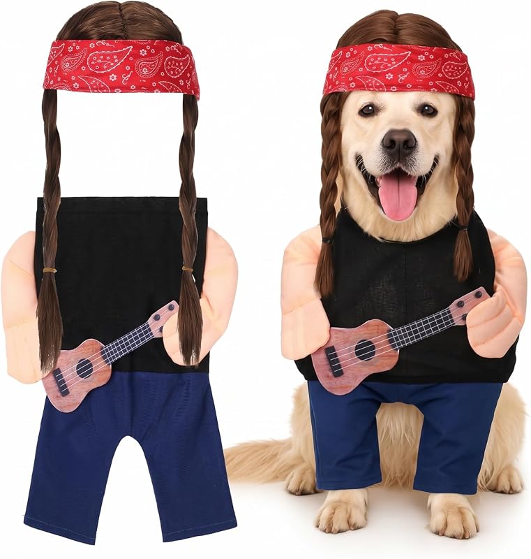 Fantasia de Cantor Country para Cães com Violão de Feltro, Bandana e Peruca Huhumy (L)