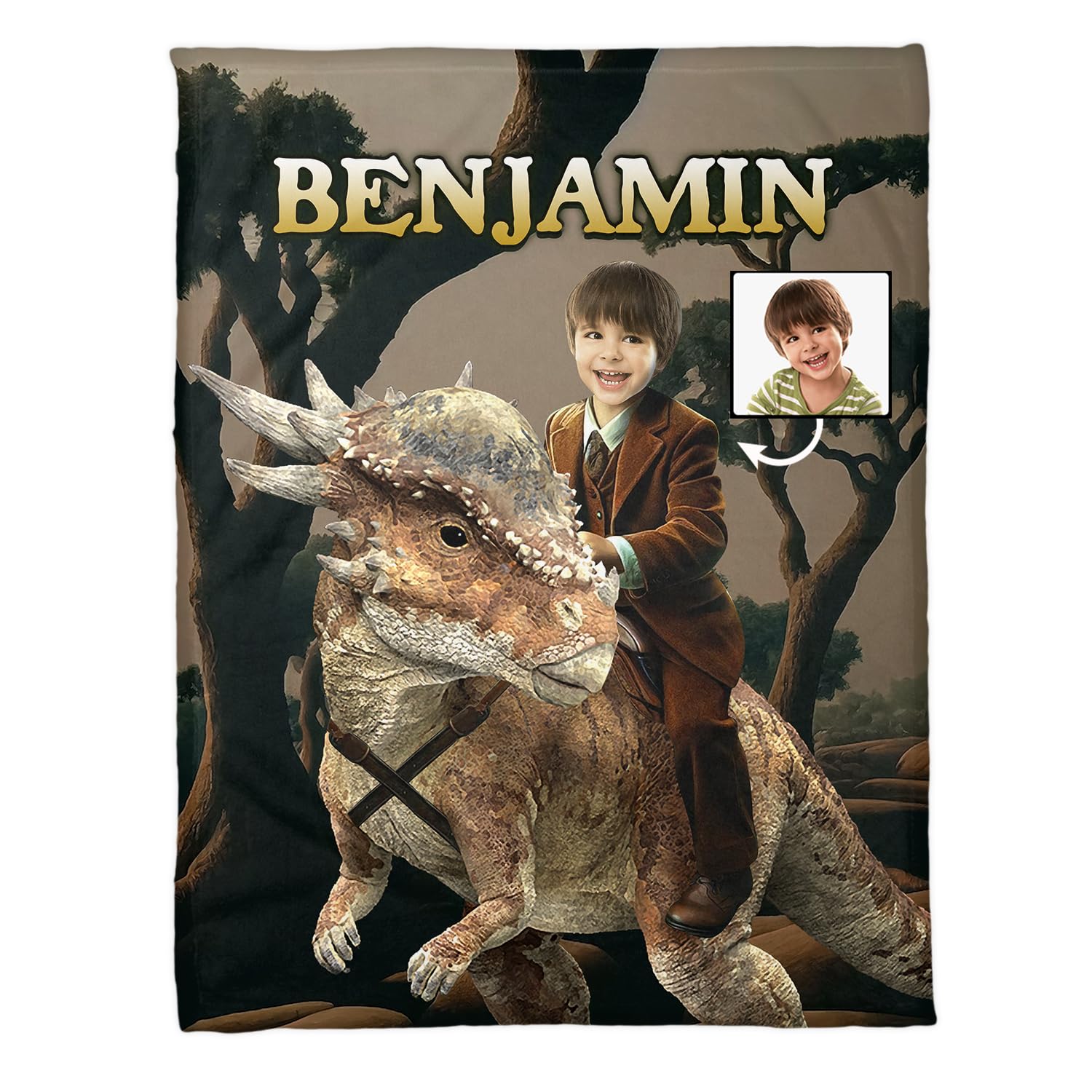 Zocoshi Personalized Boy Riding Dinosaur Baby Blanket, Custom Portrait from Photo, Dinosaur Birthday, Party Gift for Kids