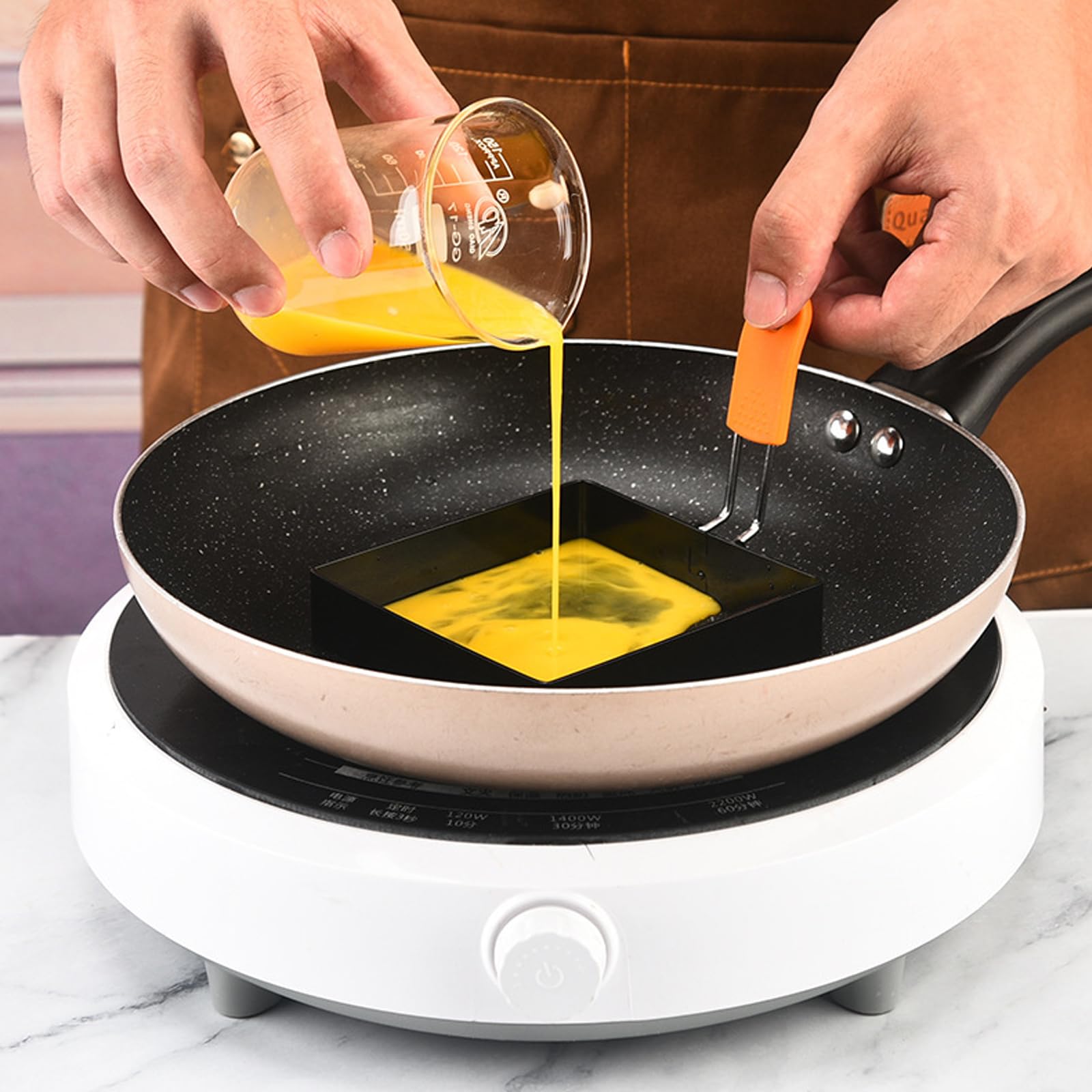 4 anillos cuadrados grandes para huevos cuadrados de 4 pulgadas para freír huevos a la plancha, molde cuadrado de acero inoxidable antiadherente de 4 pulgadas, molde cuadrado para tortitas con mango 4