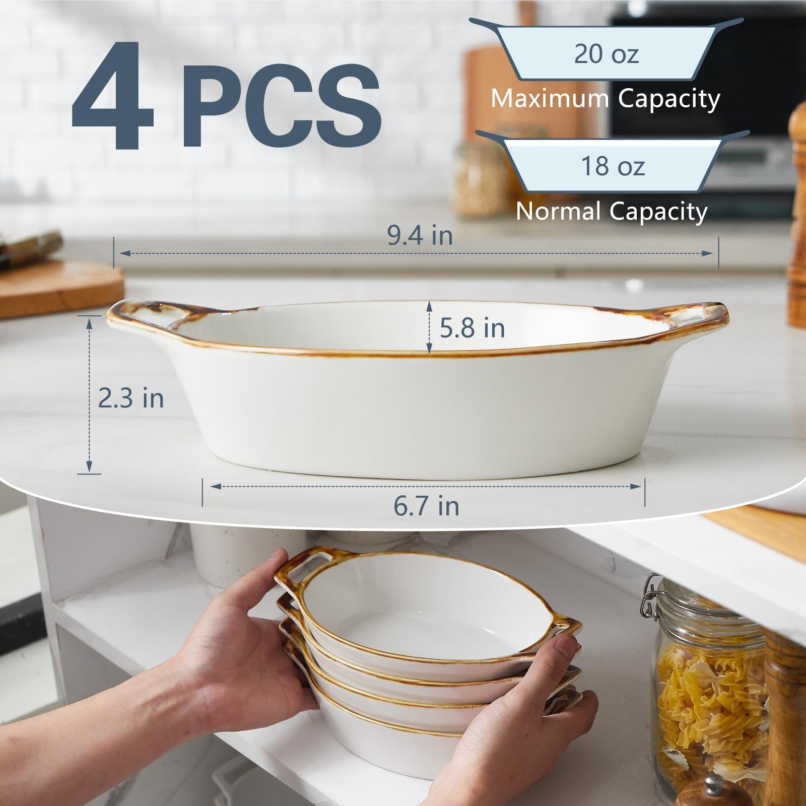 ONEMORE Au Gratin - Juego de 4 mini cacerolas ovaladas de cerámica blanca con borde marrón, aptas para horno, 20 onzas, 6 x 8 pulgadas, ideal para servir individualmente, lasaña, quiche