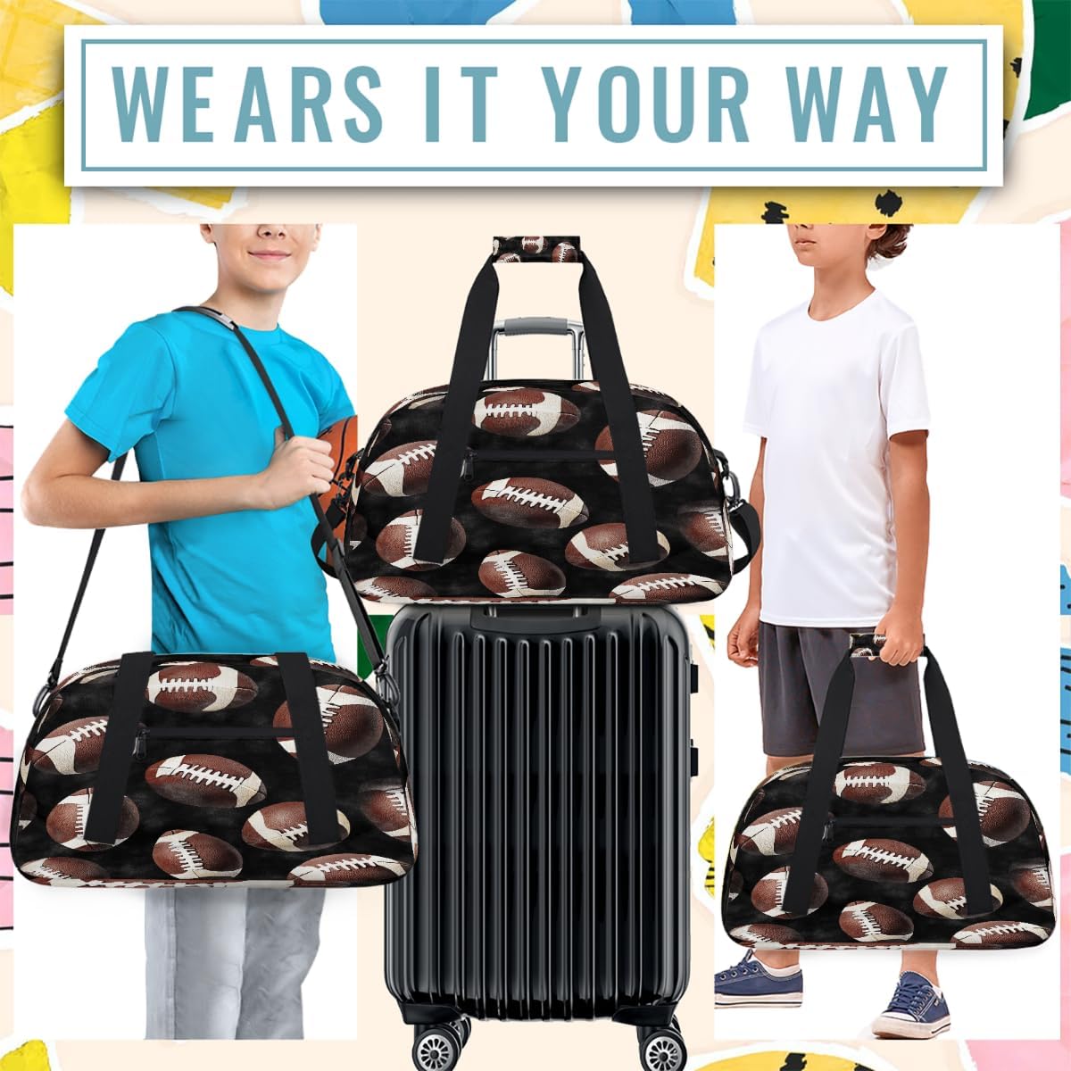 Kids Duffle Bag Girls Boys Footballs Rugby Ball Sports Weekender Overnight Bag,Lightweight Duffel Bags for Traveling Gym Sport Dance