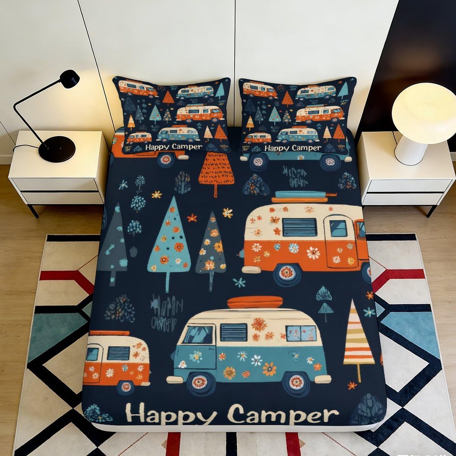Pnayamiorkfel Style-5 3D Printed Camper Van Fitted Sheet Microfiber Orange Blue Forest Tree Bed Cover For Bedroom Guest Room Decor 90X200x25cm