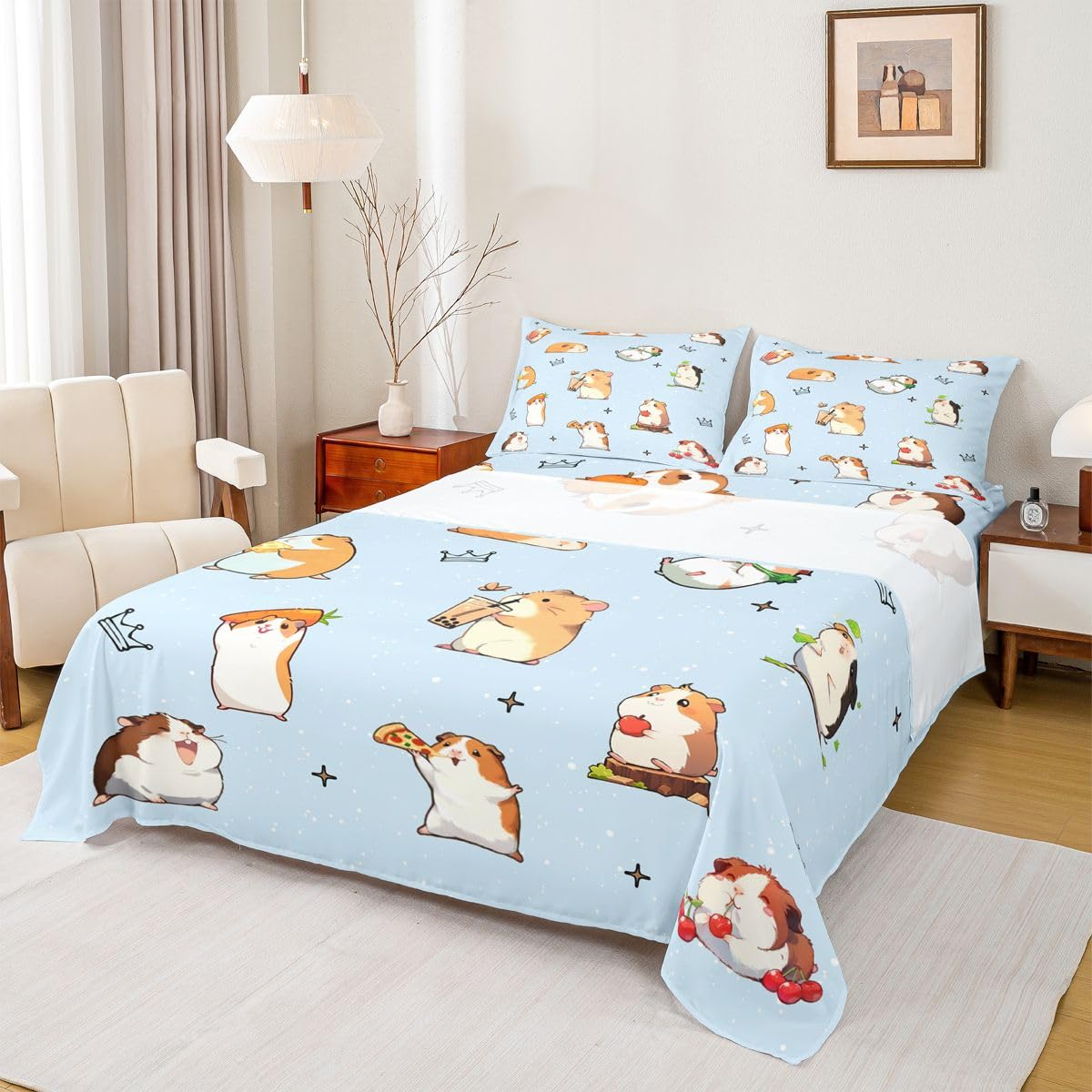 Homewish Kawaii Świnka morska zestaw pościeli podwójne kreskówka mysz prześcieradła gryzonie zwierzę pościel - herbata mleczna i owoce wzory prześcieradła zestaw 4 sztuk