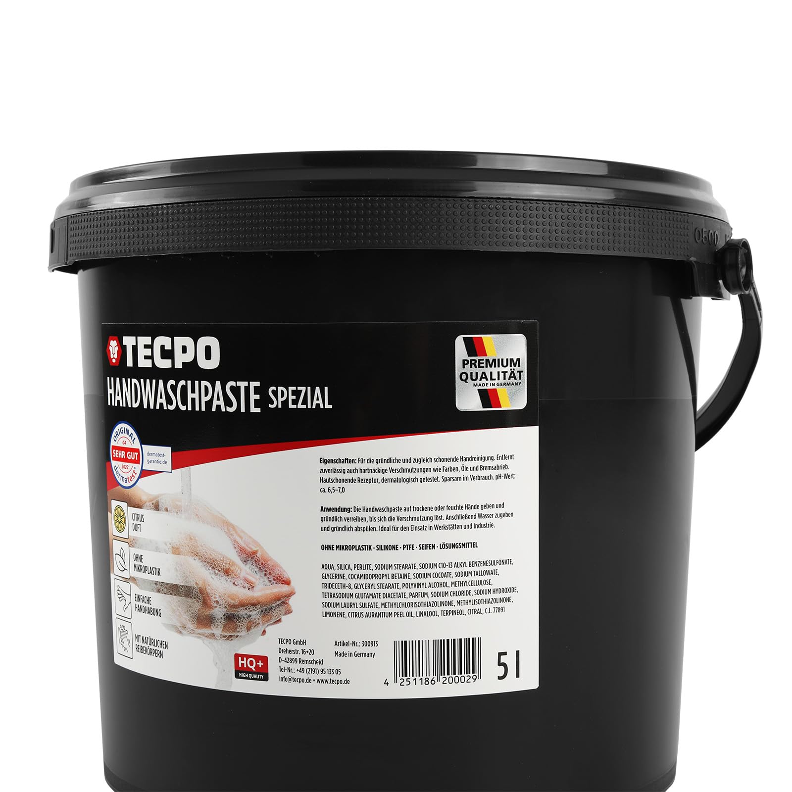TECPO Handwaschpaste HQ+ 5 Liter Handreiniger Hautpflege Reinigungspaste hautschonend Reinigung Seife gegen starke hartnäckige Verschmutzungen wie Öl, Fett, Kfz und Werkstatt