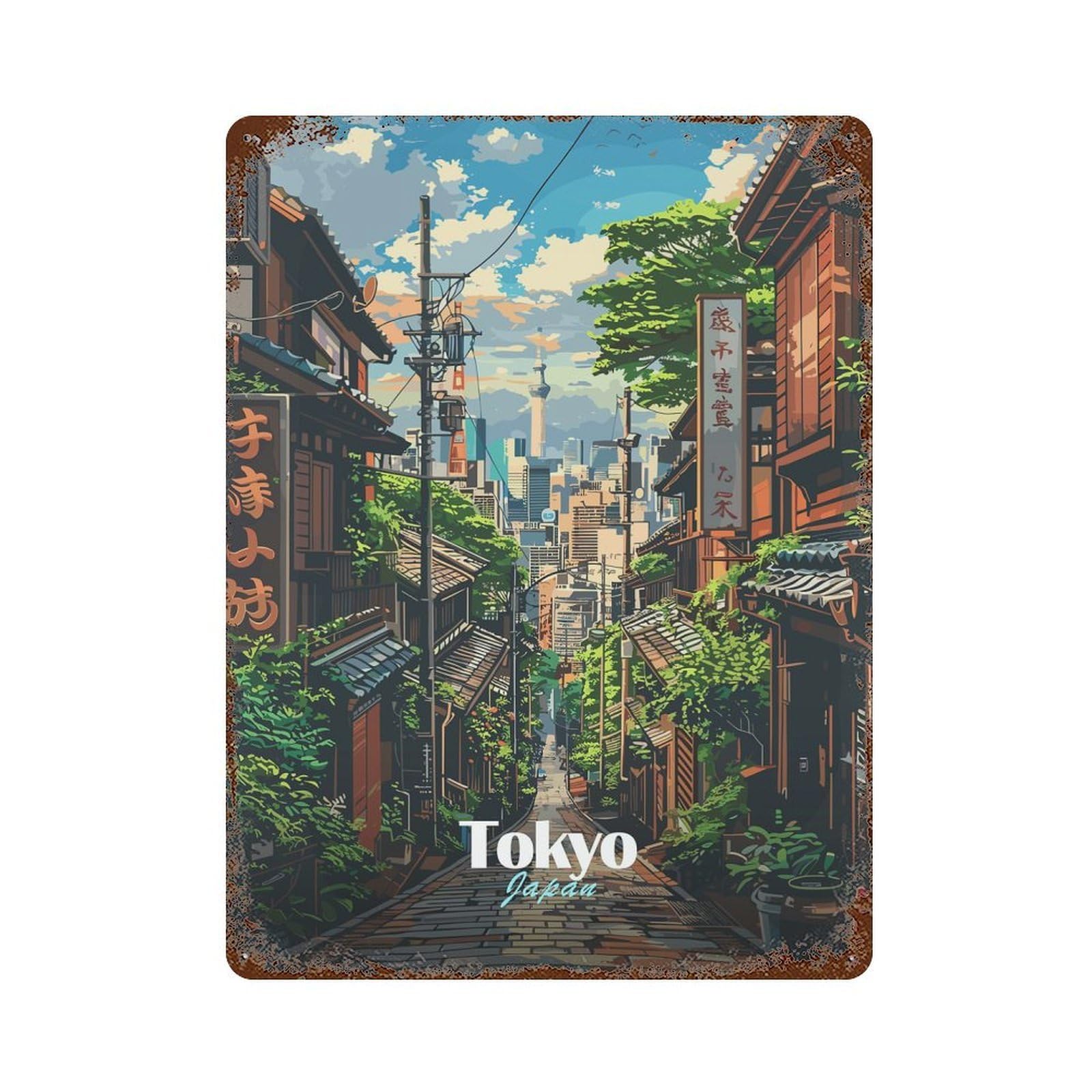 Tokyo Street Scene Vintage Rust Metal Sign 15.7"x11.8", Shabby Chic Decor for Garage, Pub Or Kitchen